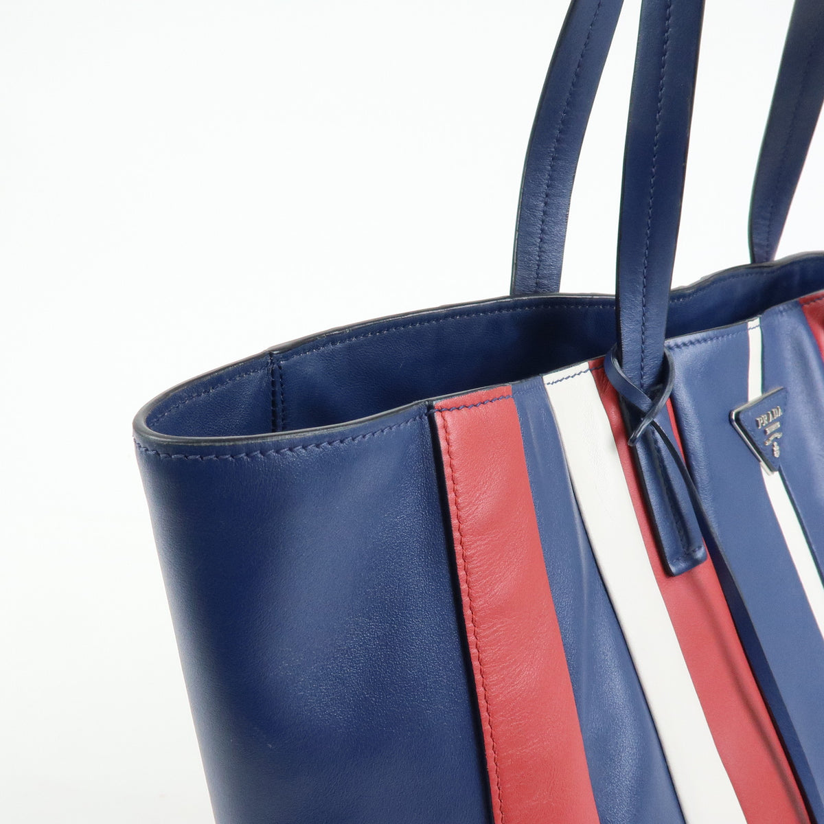 PRADA Triangle Logo Leather Tote Bag Shoulder Bag Blue White Red