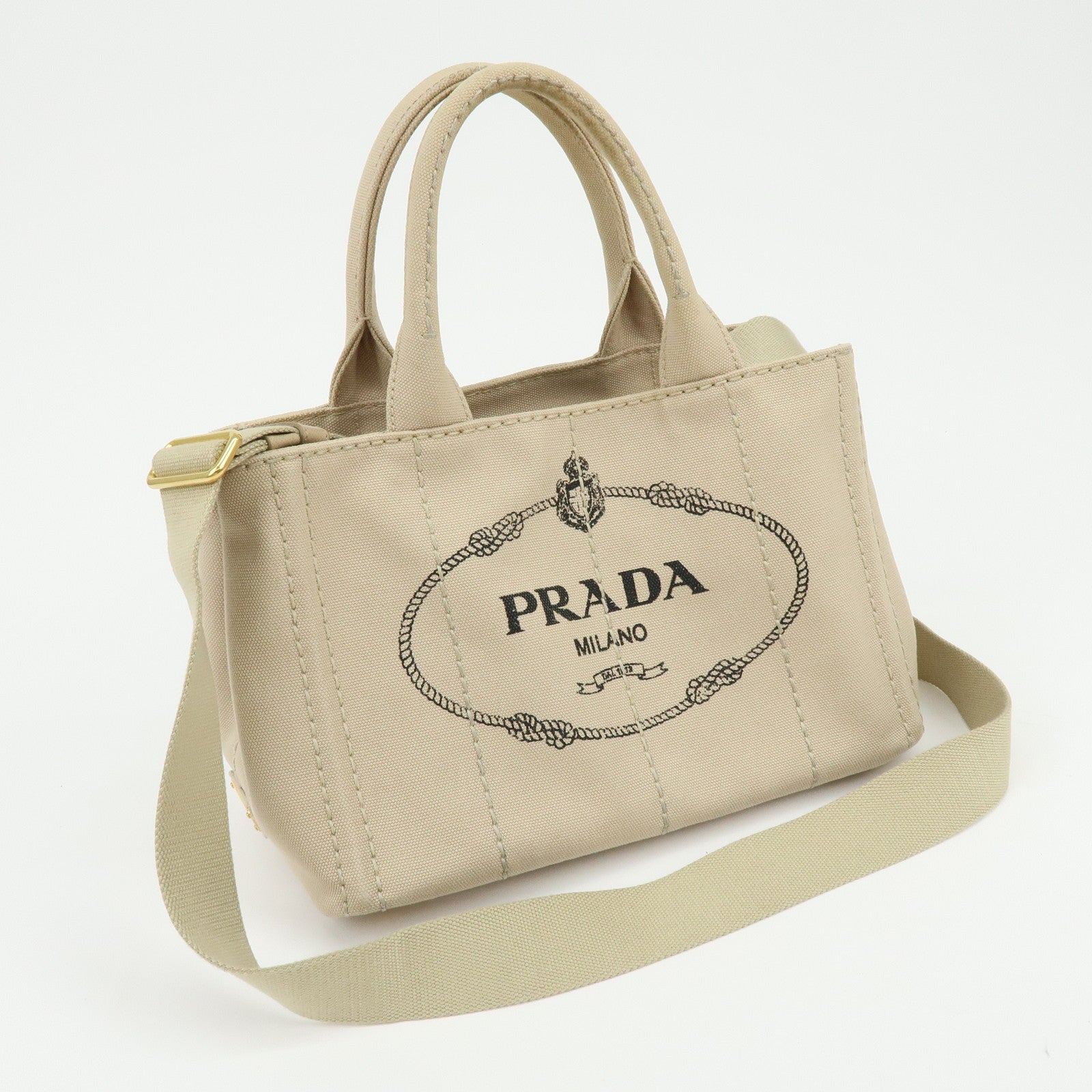 PRADA Triangle Logo Canapa Mini Canvas 2Way Bag Hand Bag Beige 1BG439