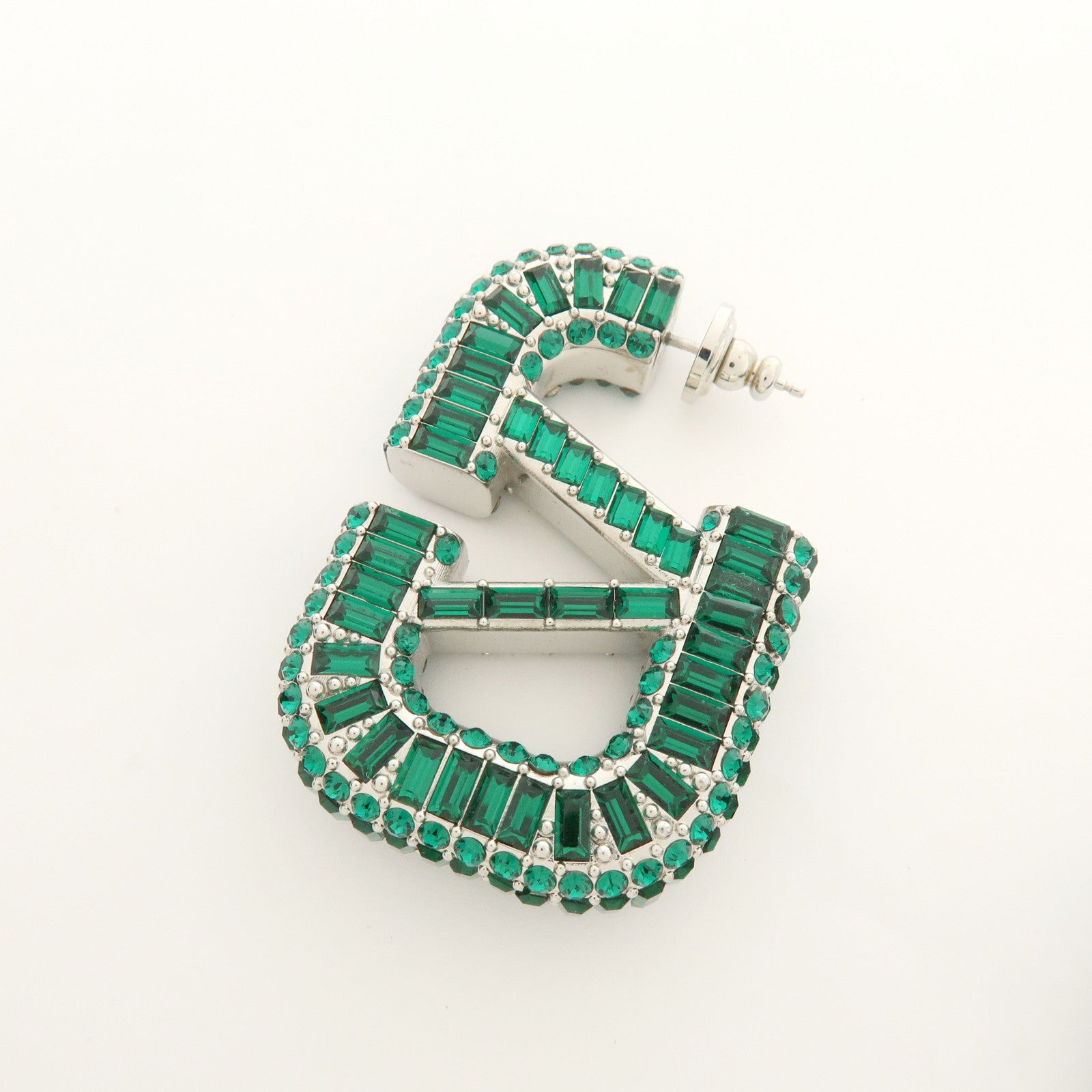 VALENTINO V Logo Signature Metal Rhinestone Earrings Green Silver