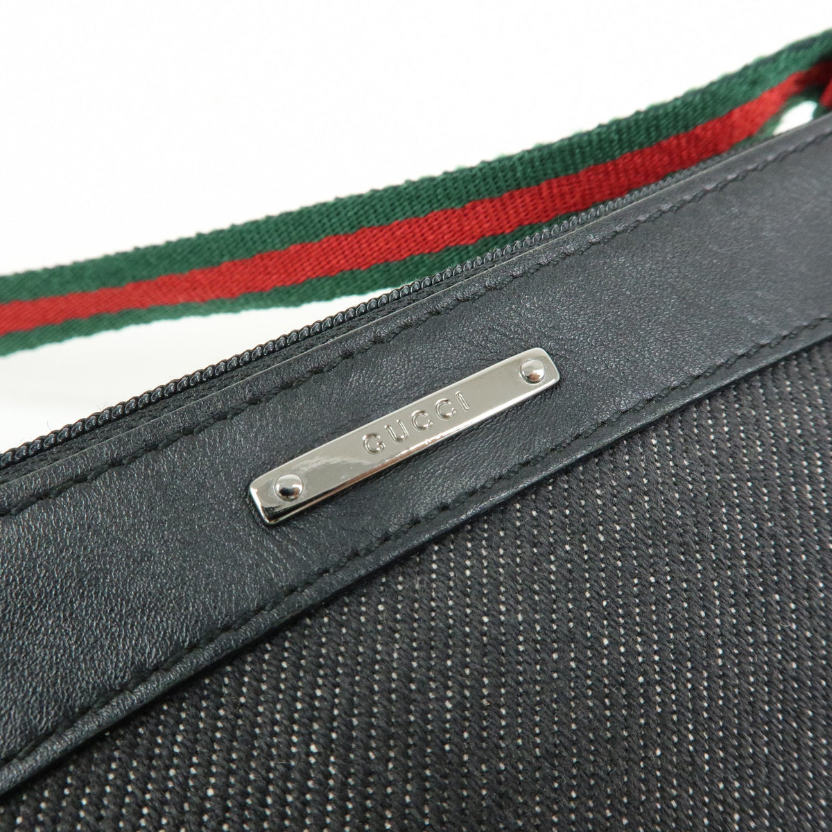 GUCCI Sherry Accessory Pouch Denim Canvas Leather Hand Bag Black 92820