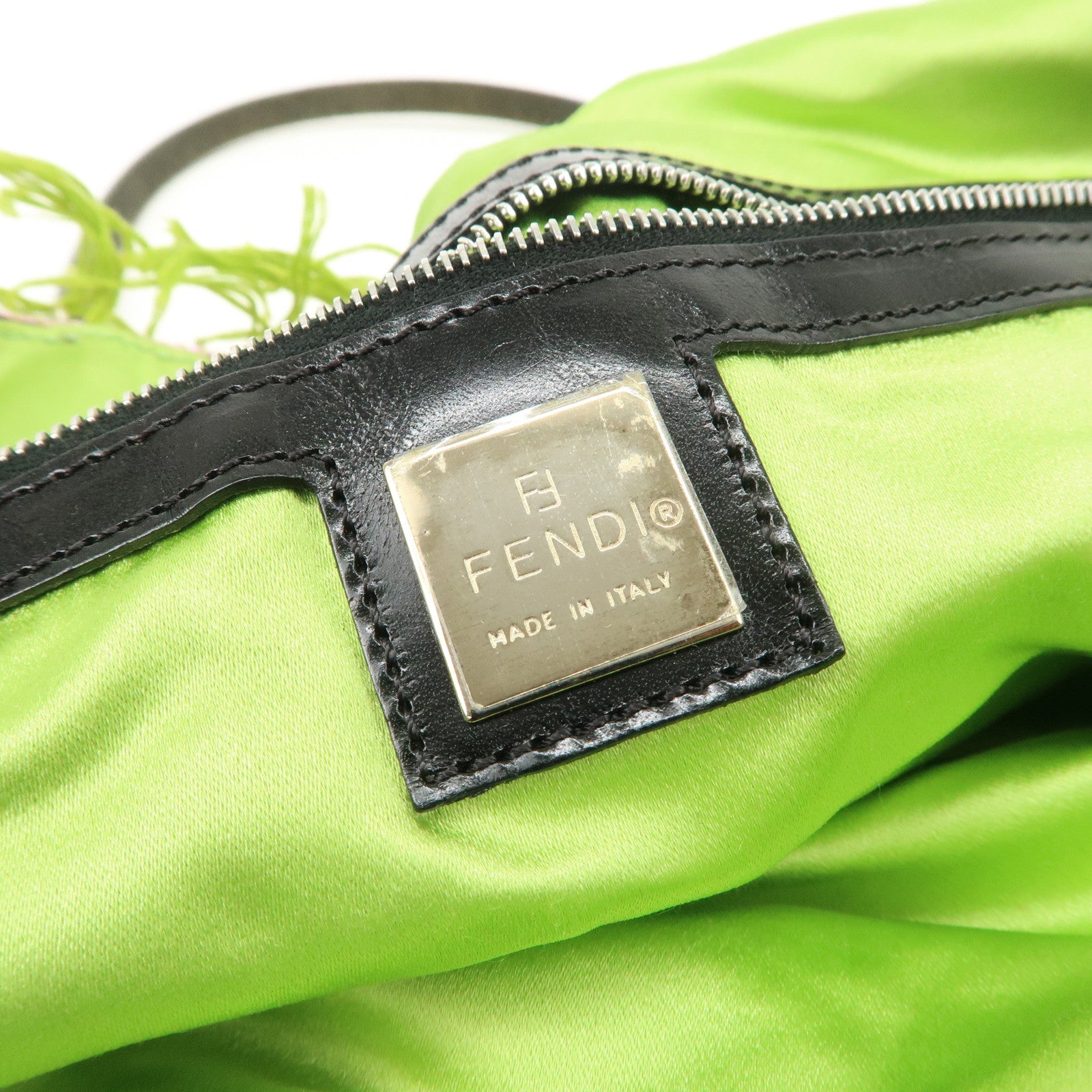 FENDI Canvas Leather Beaded Embroidery Tote Bag Hand Bag Black Used
