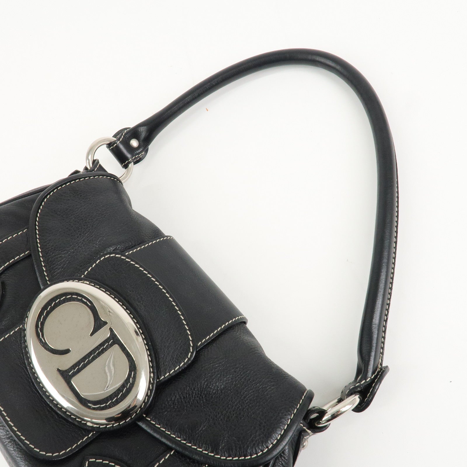 Christian Dior CD Logo Leather Shoulder Bag Hand Bag Black Used