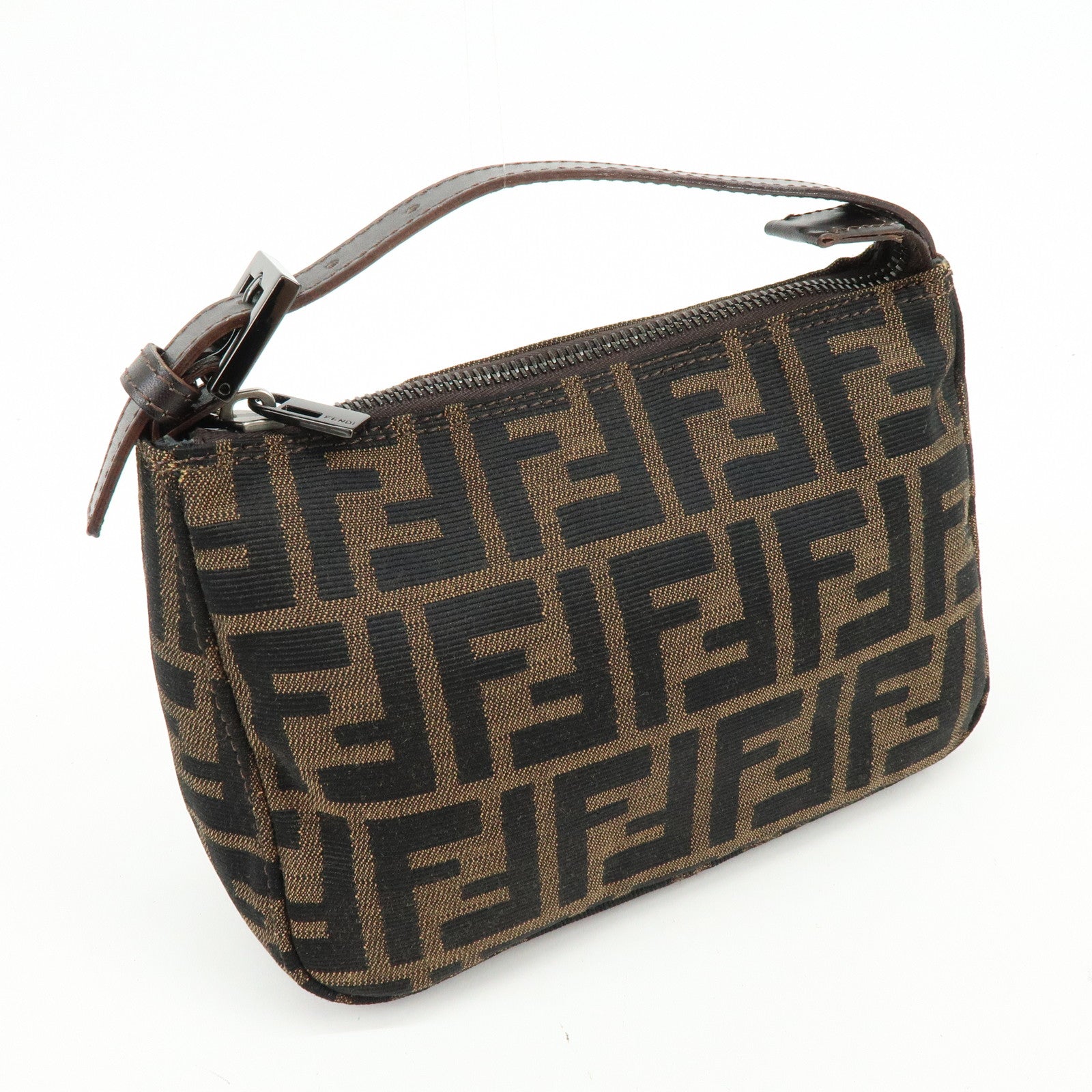 FENDI Zucca Canvas Leather Mini Pochette Pouch Hand Bag Brown 8N0001