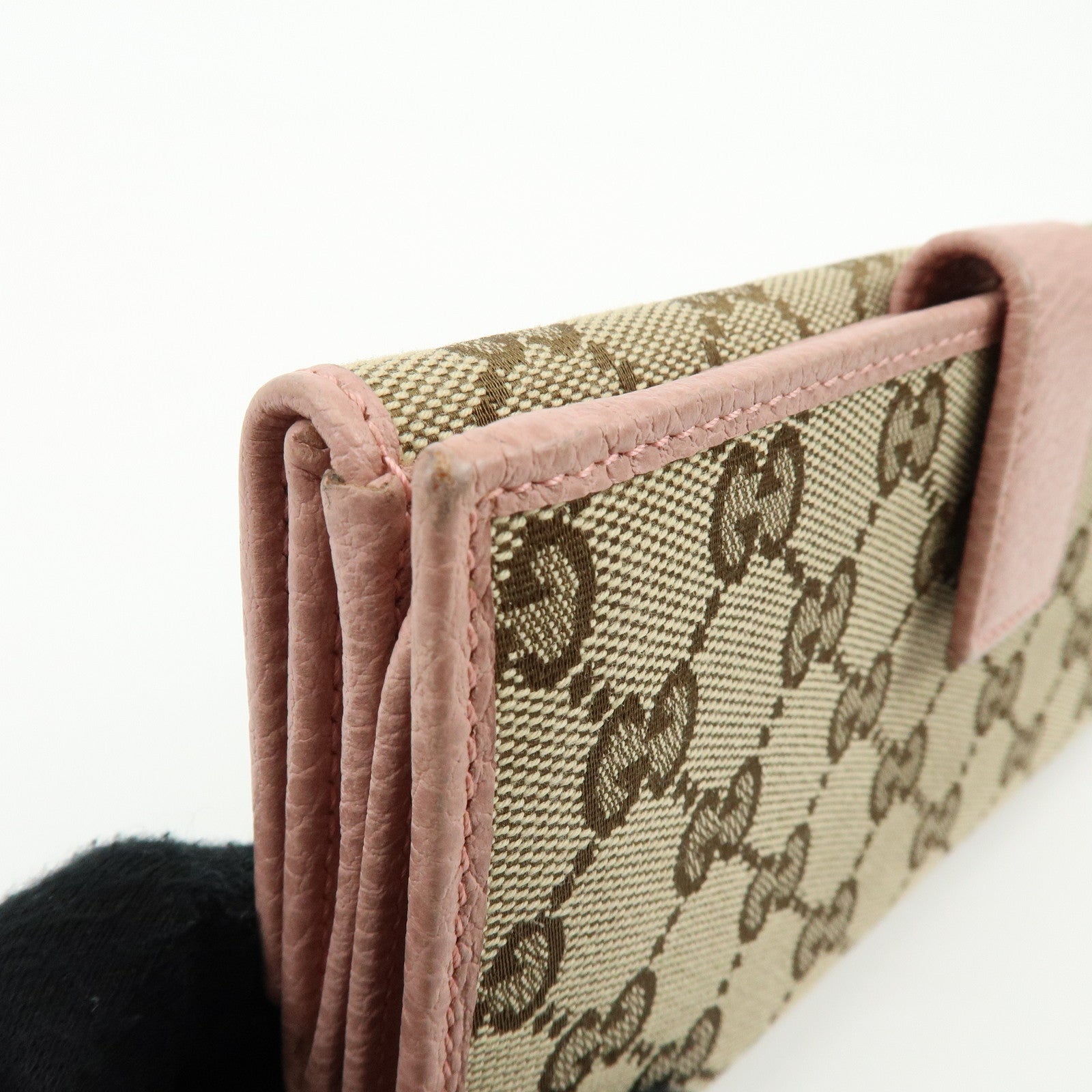 GUCCI GG Canvas Leather W Hook Bi-fold Long Wallet Beige Pink 231841