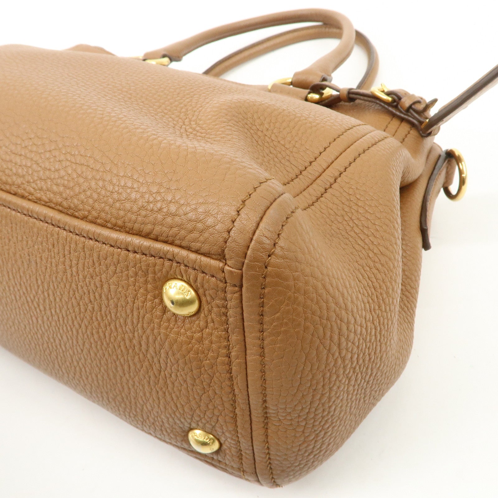 PRADA Logo Leather 2WAY Tote Bag Hand Bag Brown Gold Hardware Used