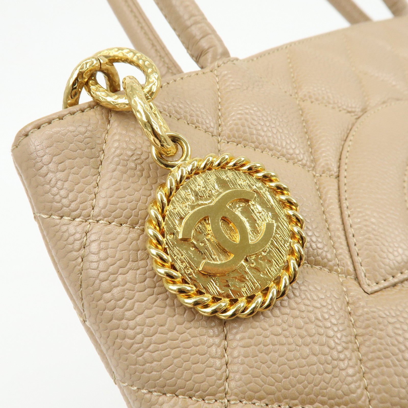 CHANEL Matelasse COCO Mark Caviarskin Medallion Tote Bag Beige A01804