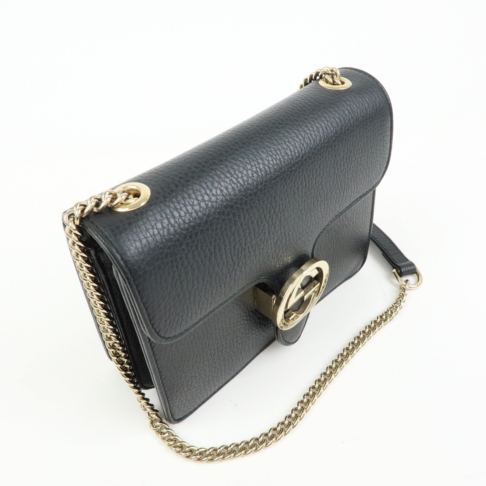 GUCCI Interlocking G Leather Chain Flap Shoulder Bag Black 510304