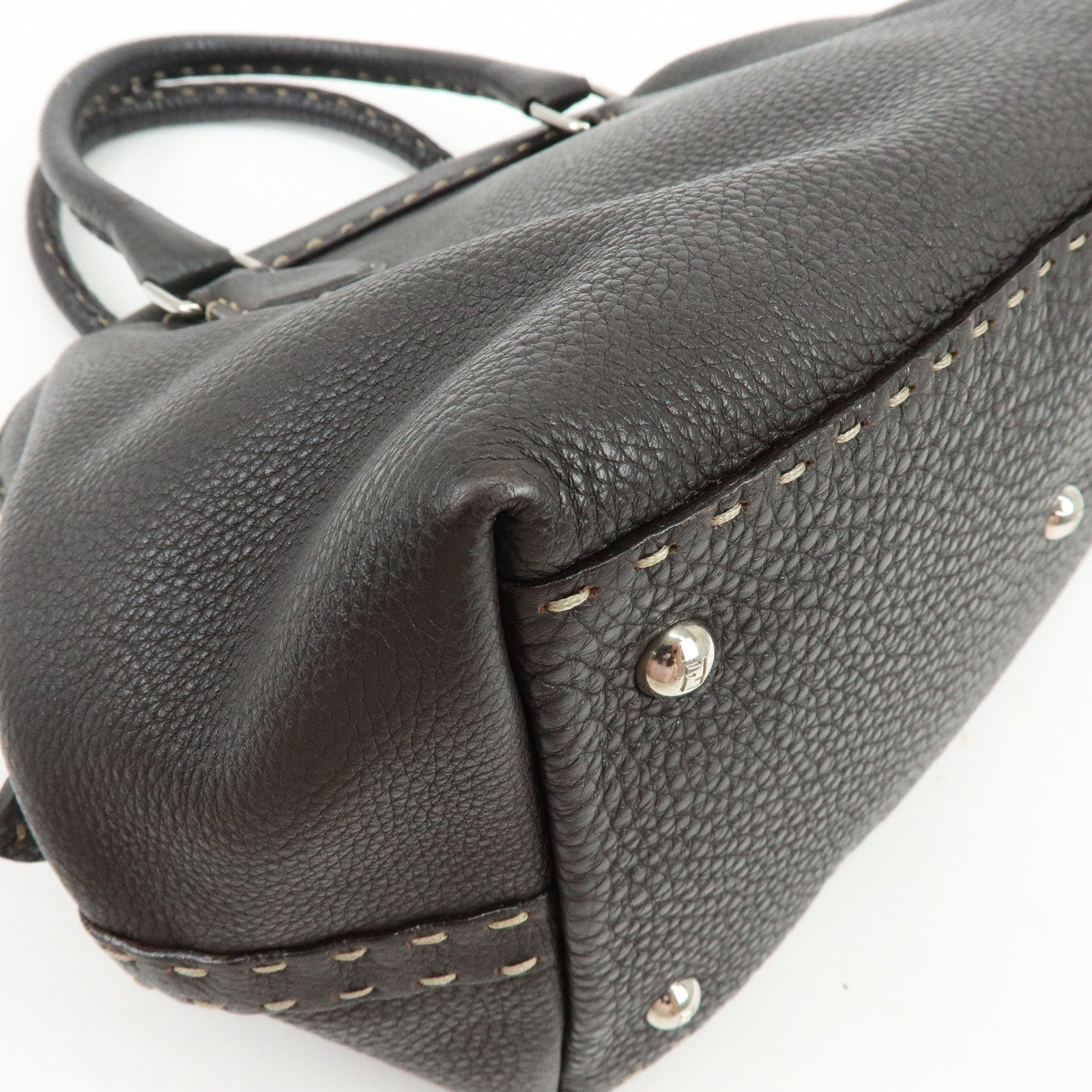 FENDI Selleria Stitches Leather Boston Bag Hand Bag Dark Brown 8BN127