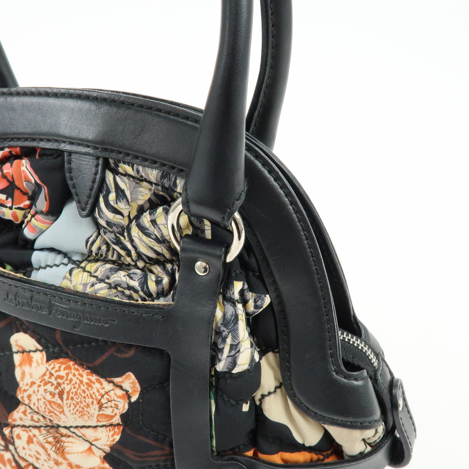 Ferragamo Nylon Quilting Leather Hand Bag Animalier Black Multicolor