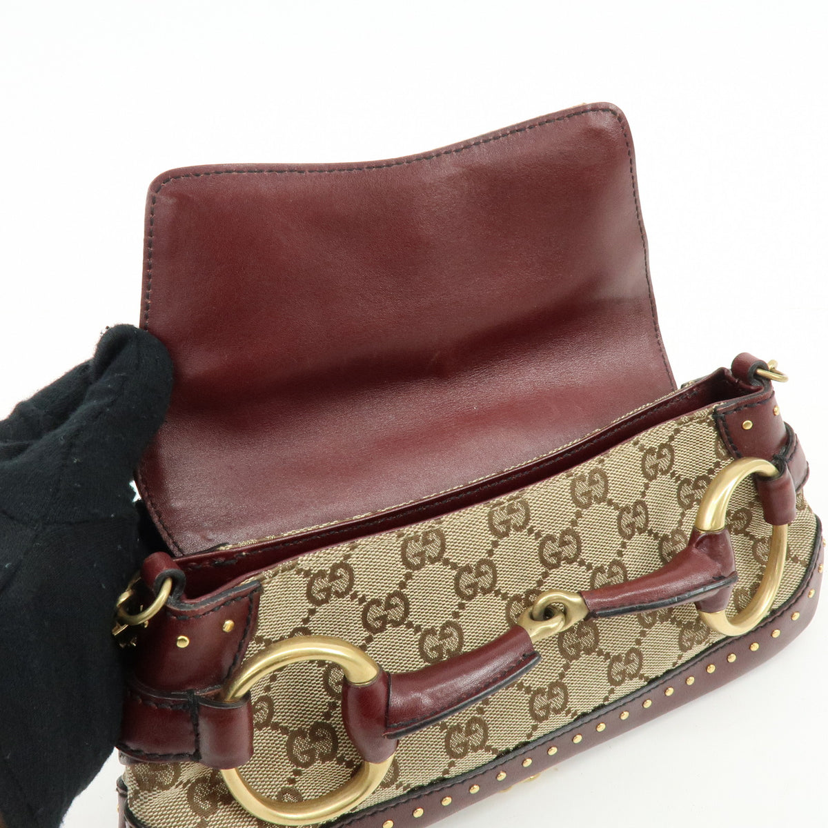 GUCCI Horsebit GG Canvas Leather Chain Hand Bag Brown Bordeaux 119186