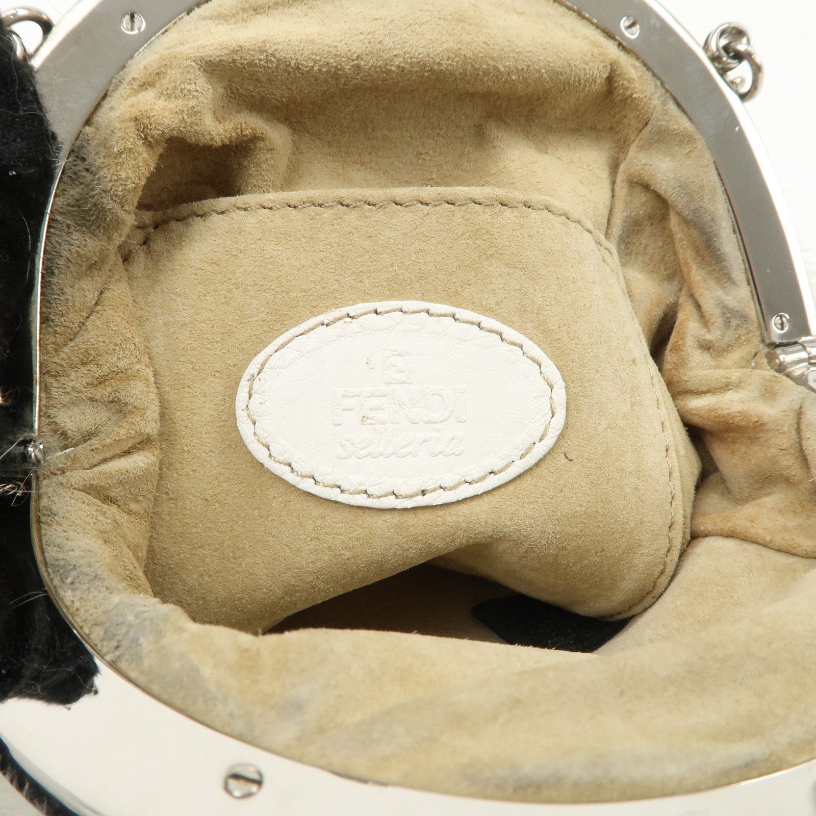 FENDI Seleria Leather Fur Flower Motif Kiss Lock Pouch Hand Bag 8BK048 Used