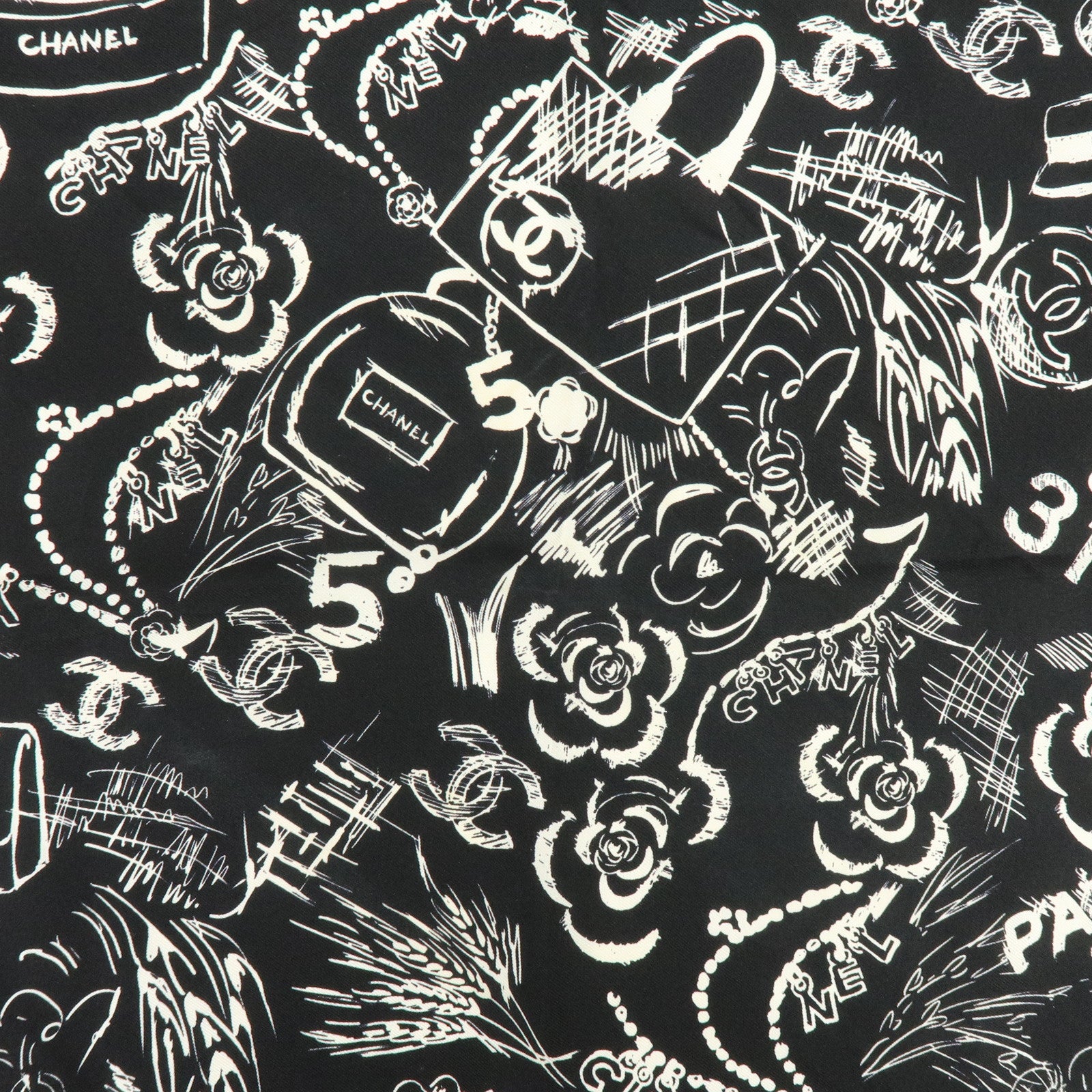CHANEL Silk 100% Scarf Iconographic Pattern Black White Pink