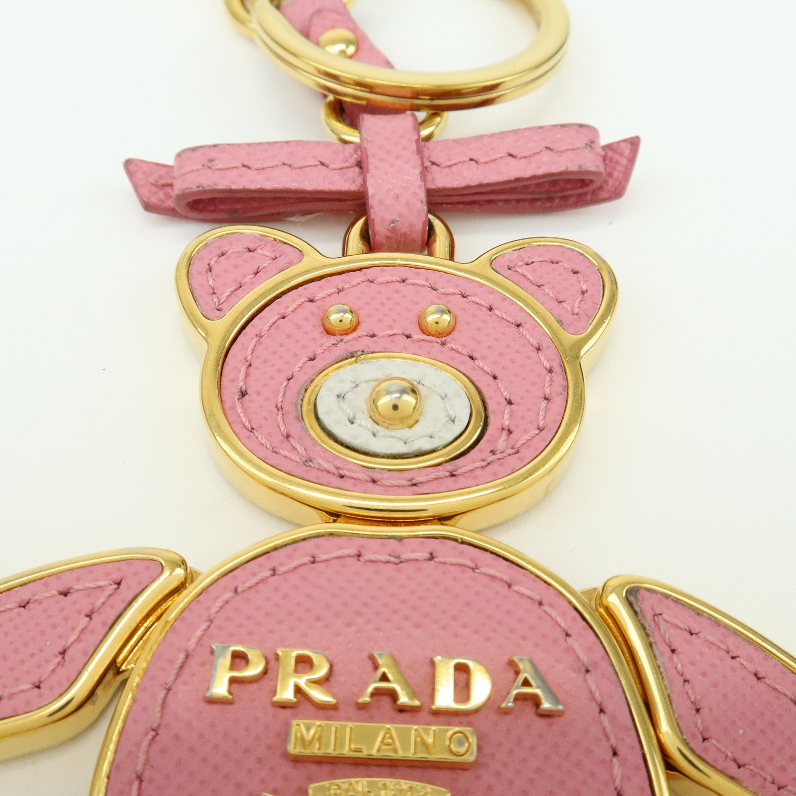 PRADA Metal Saffiano Leather Bag Charm Key Charm Bear Motif Pink