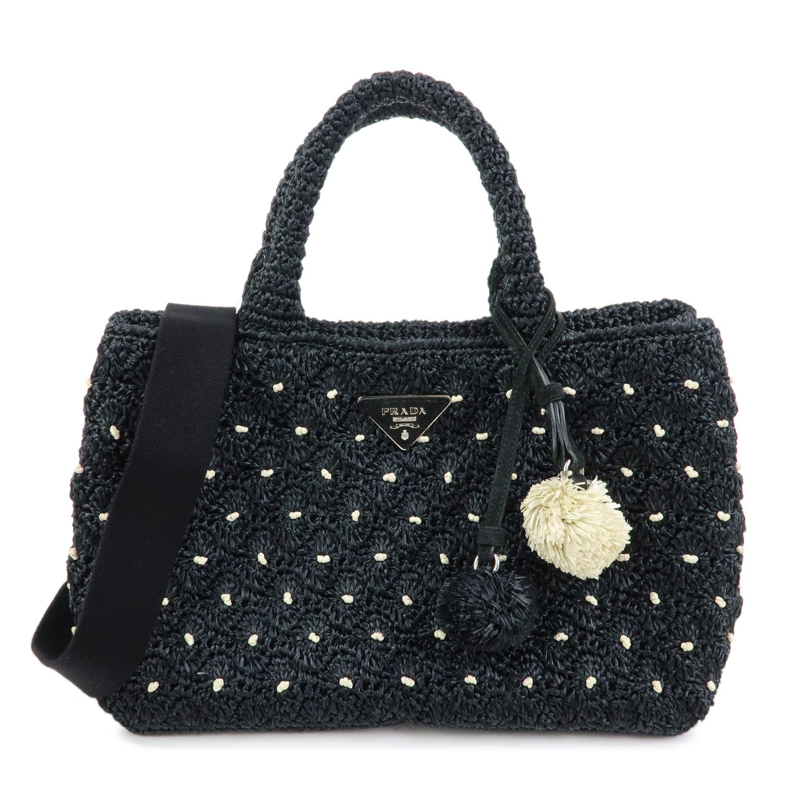 PRADA Triangle Logo Raffia 2Way Bag Hand Bag Shoulder Bag Black 1BG889