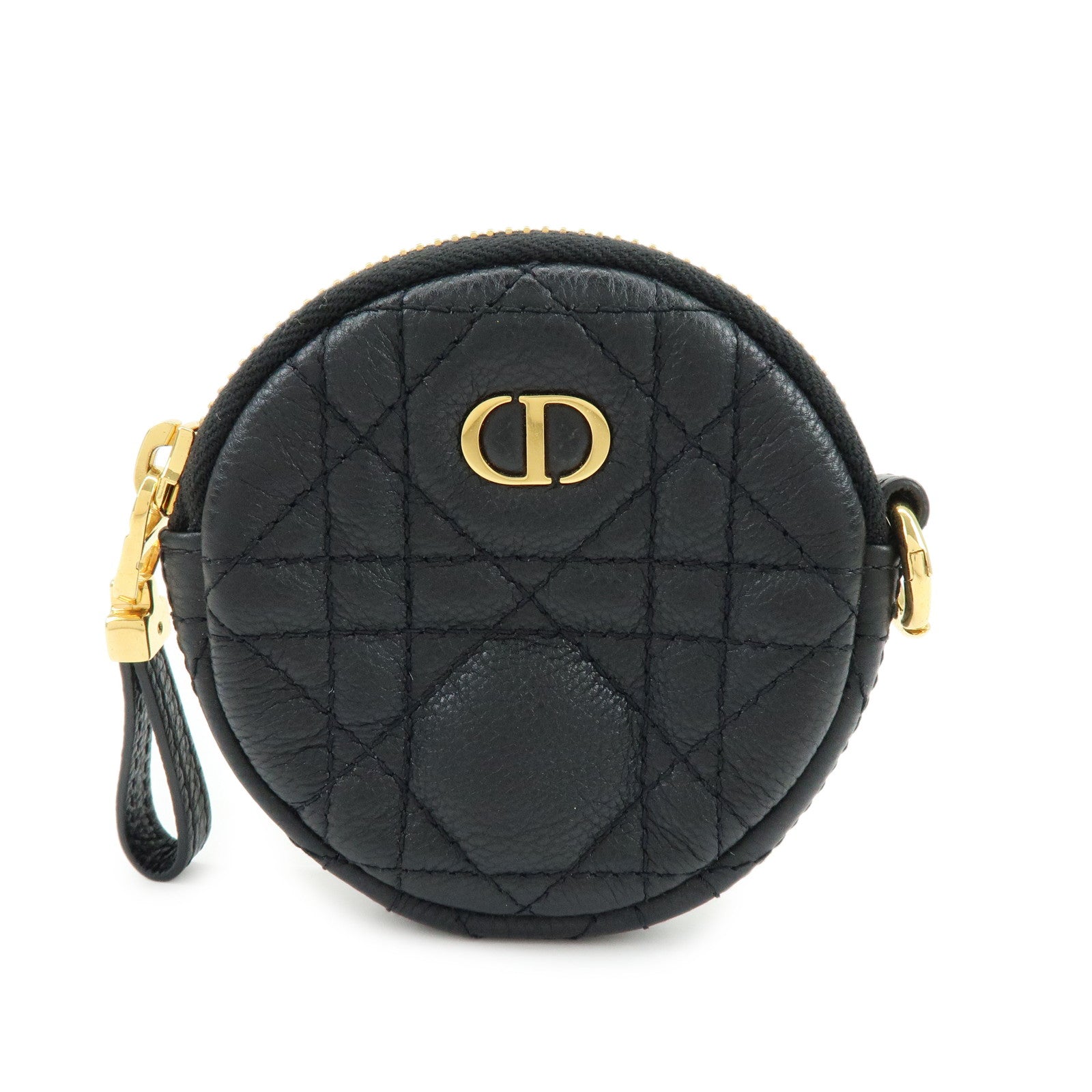 Christian Dior Caro Cannage Calf Skin Round Coin Case Bag Charm Black