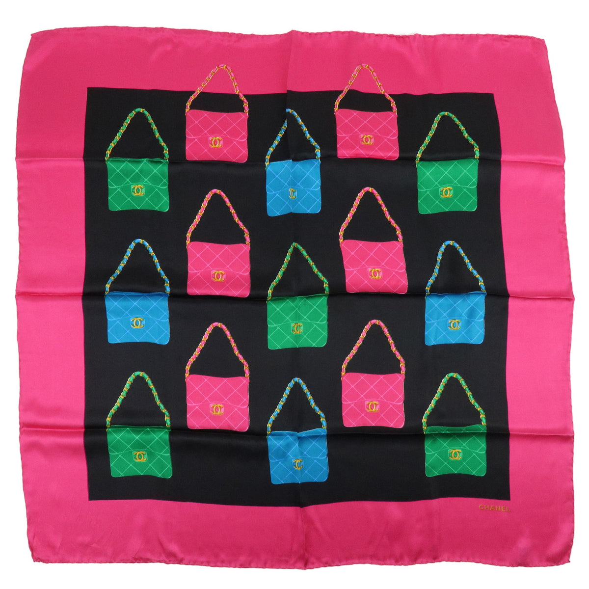CHANEL Silk 100% Scarf Matelasse Bag Print Black Pink Green Blue