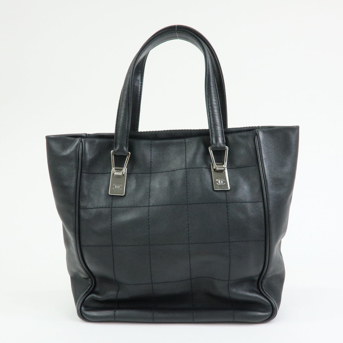 CHANEL Chocolate Bar COCO Mark Lamb Skin Hand Bag Tote Bag Black