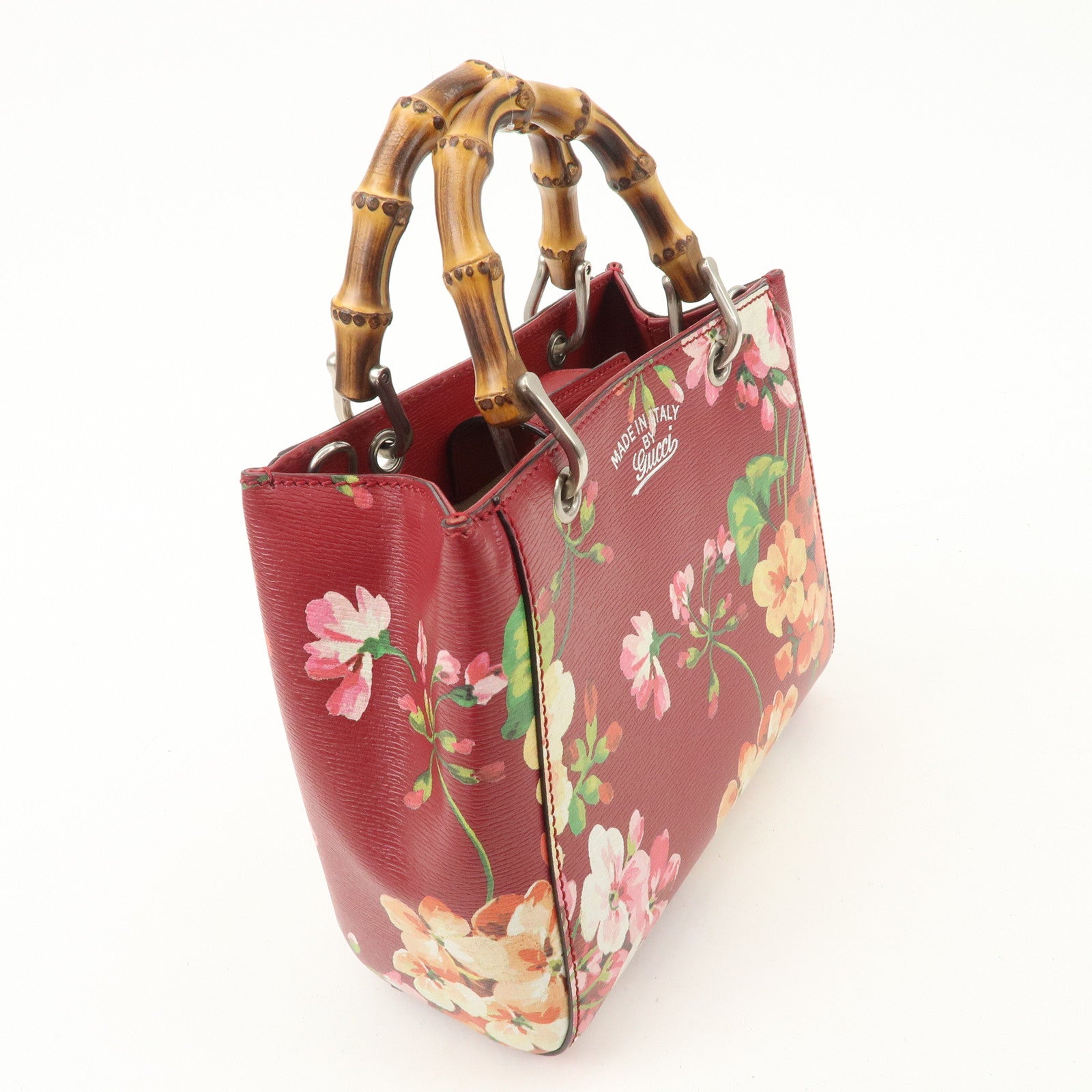 GUCCI Bamboo Leather Flower Mini Shopper 2Way Hand Bag Red 368823 Used