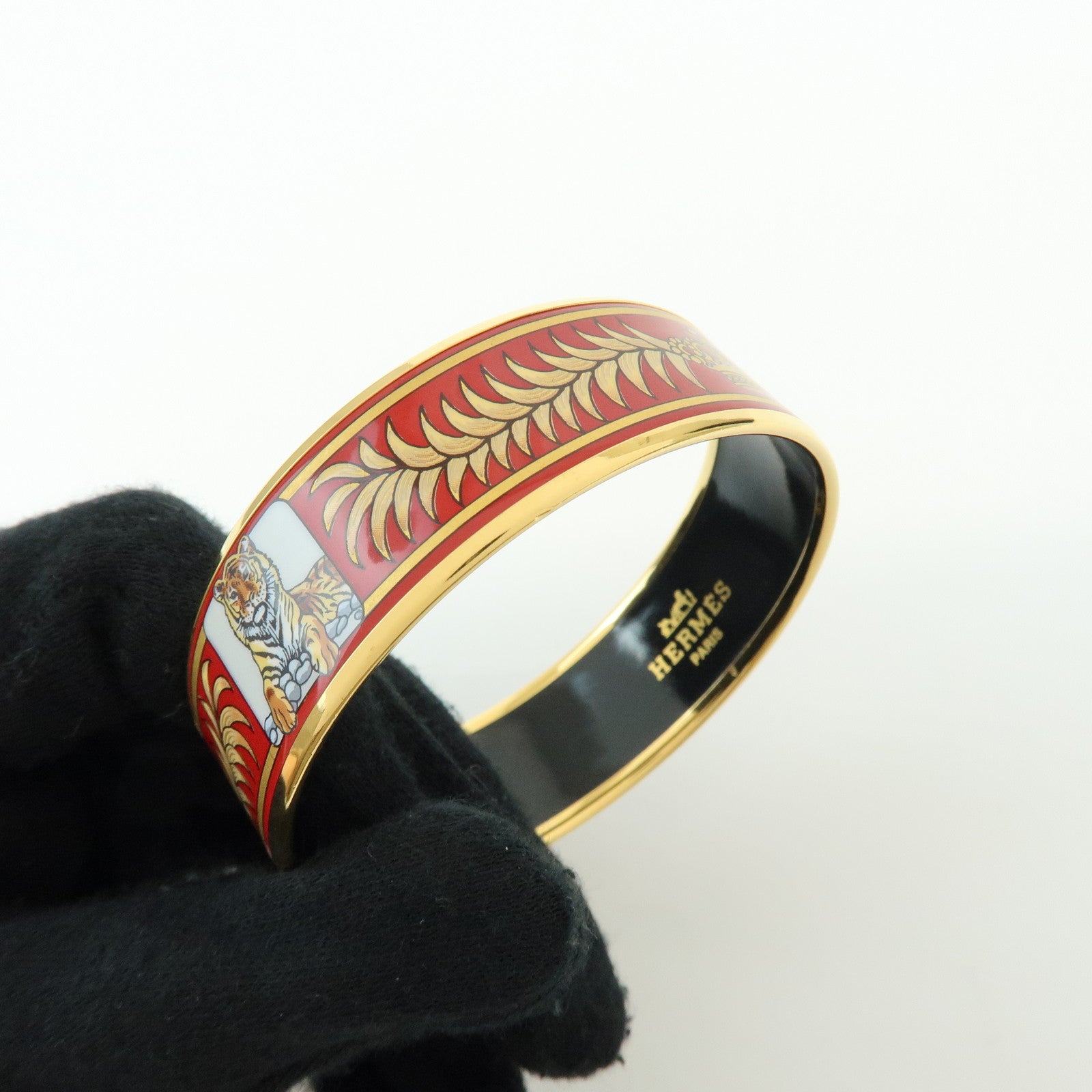 HERMES Email GM Plated Bangle Bracelet Tigre Royal Red Gold