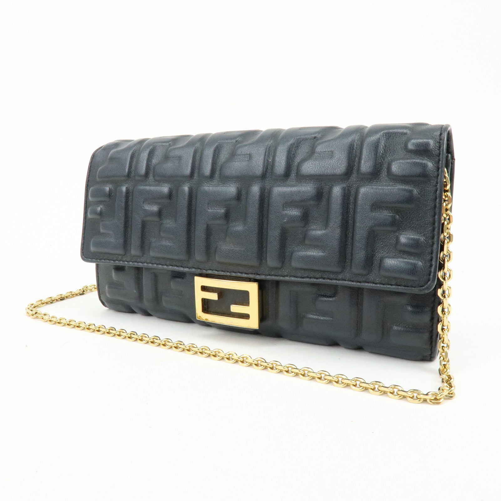 FENDI Baguette Zucca Embossed Leather Chain Long Wallet Black 8M0365