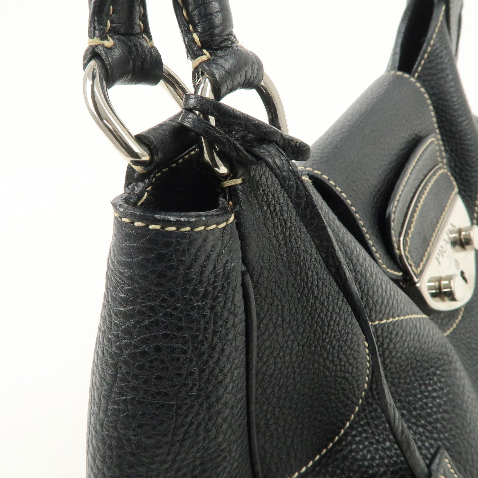 PRADA Logo Leather Shoulder Bag Hand Bag Black Silver Hardware