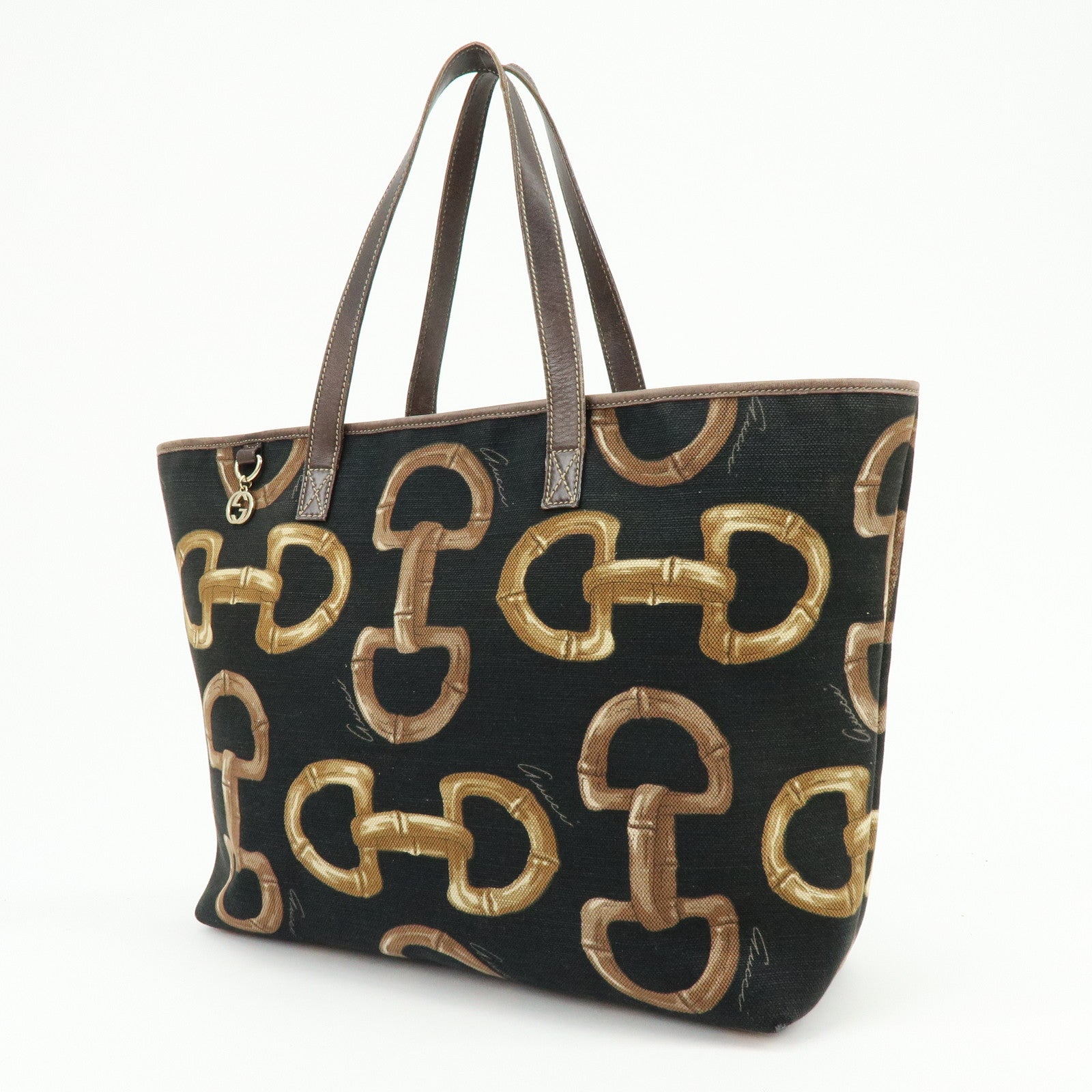 GUCCI Horsebit Interlocking G Canvas Leather Tote Bag Black 154402