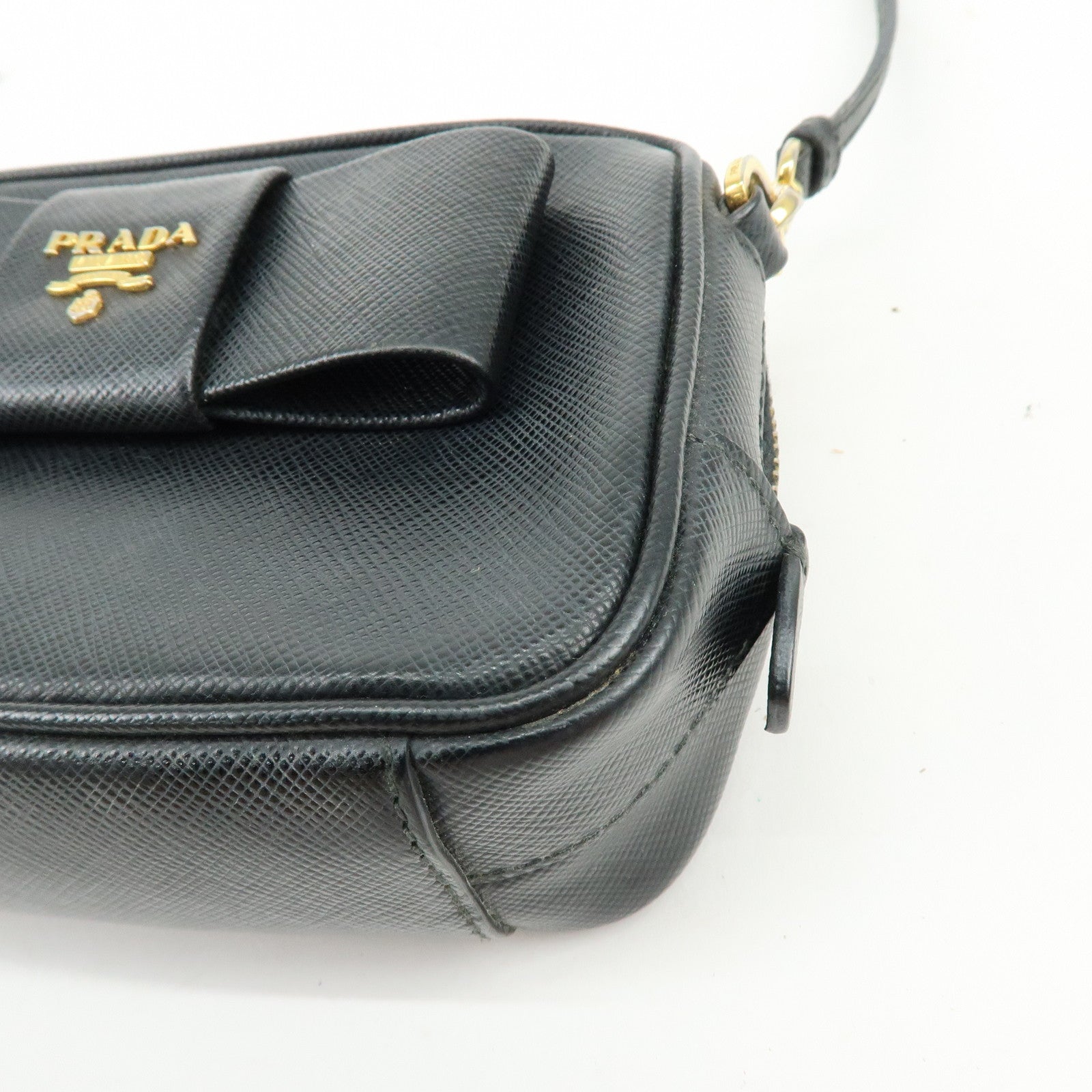 PRADA Saffiano Leather Shoulder Crossbody Bag Ribbon Motif Black 1NF674