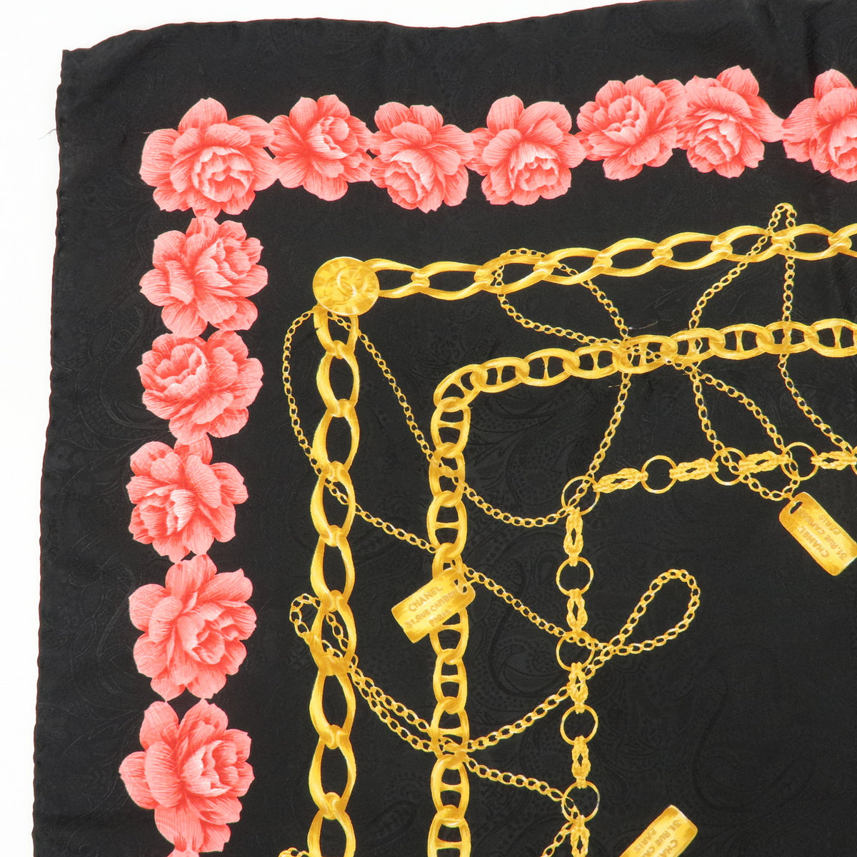 CHANEL Lot of 2 Silk 100% Scarf Flower Jewelry Motif Black Gold