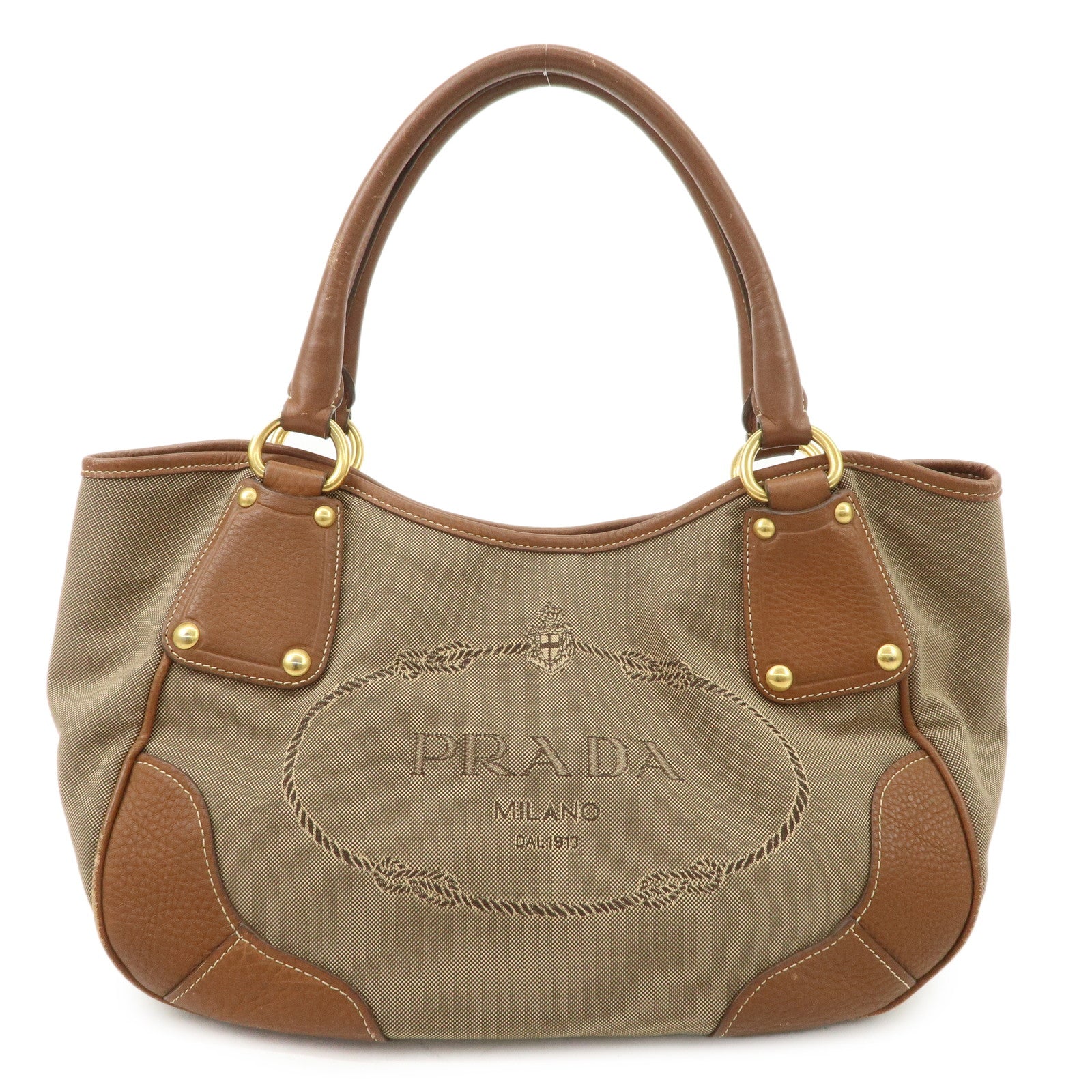 PRADA Logo Jacquard Leather Tote Bag Hand Bag Brown BR4635 Used