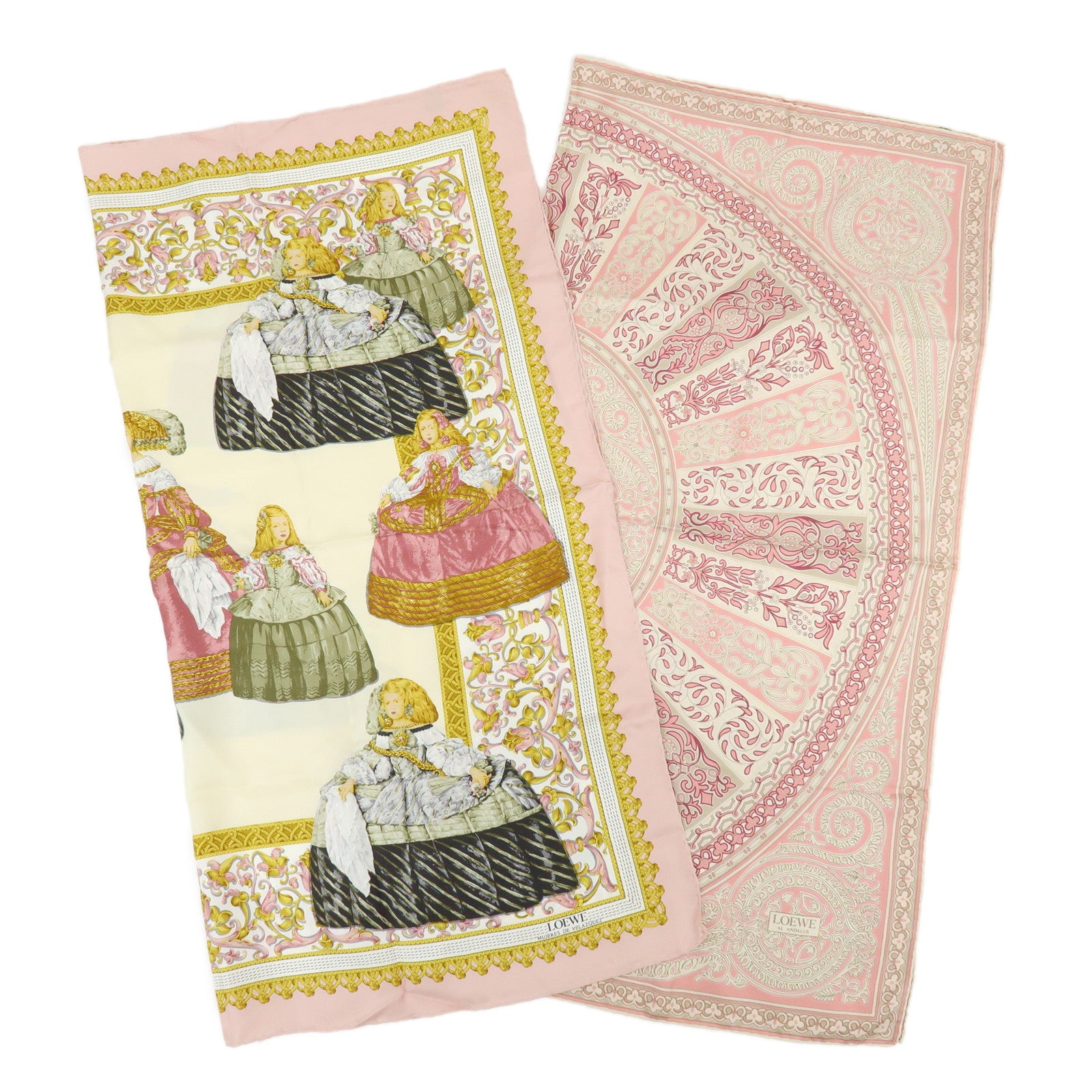 LOEWE Set of 2 Silk 100% Scarf VELAZQUEZ Paisley Pink Gold