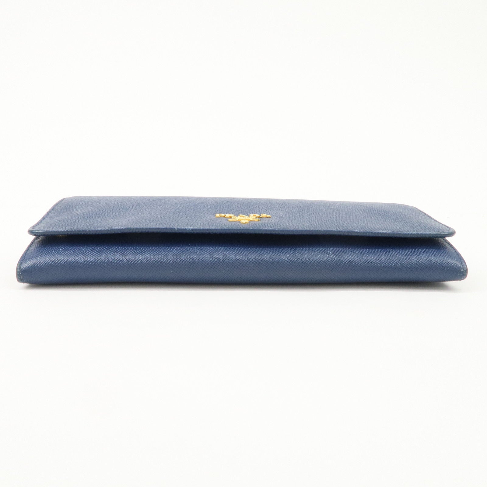 PRADA Logo Leather Chain Wallet WOC Blue Gold Hardware 1MT290 Used