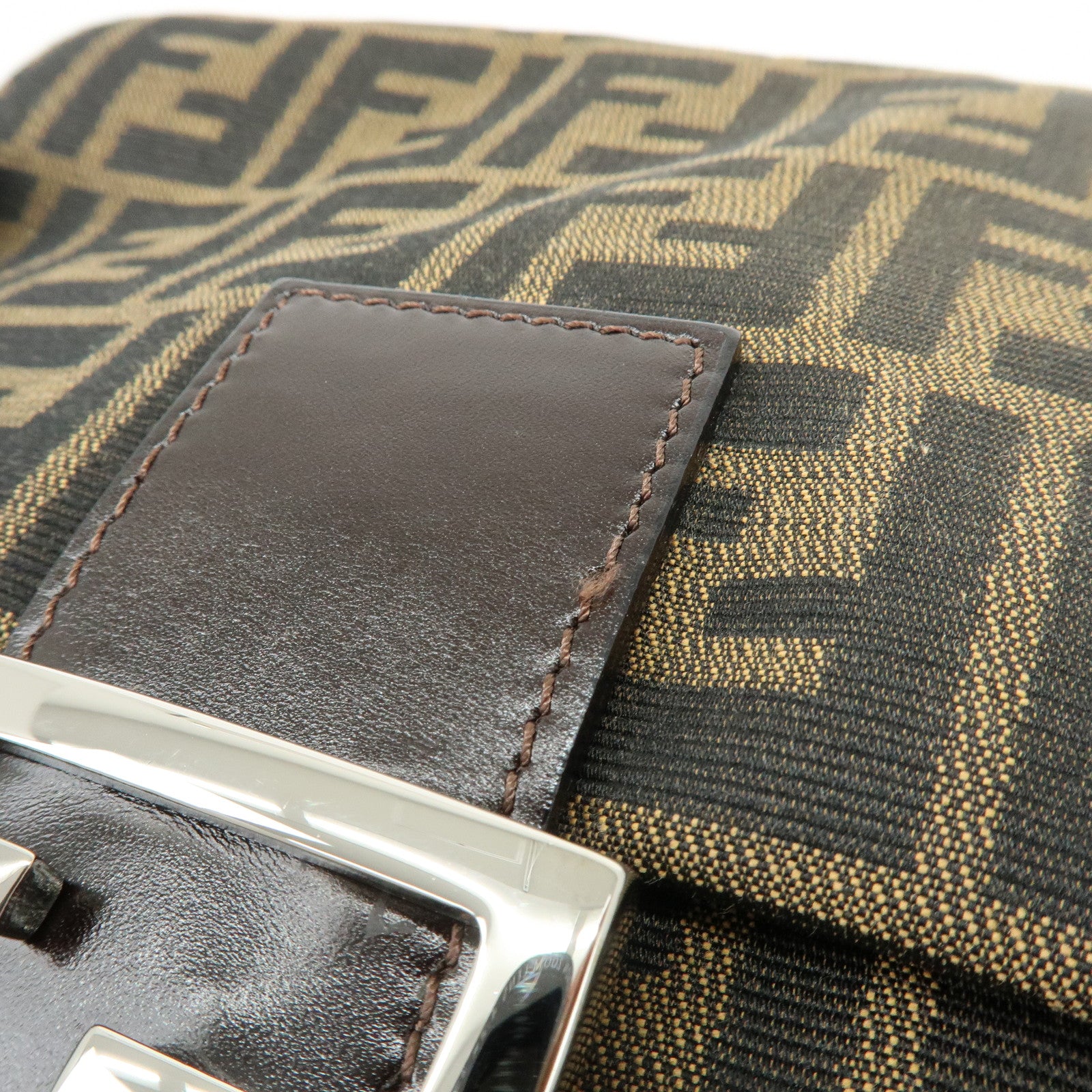 FENDI Mamma Baguette Zucca Canvas Leather Shoulder Bag Brown 26325