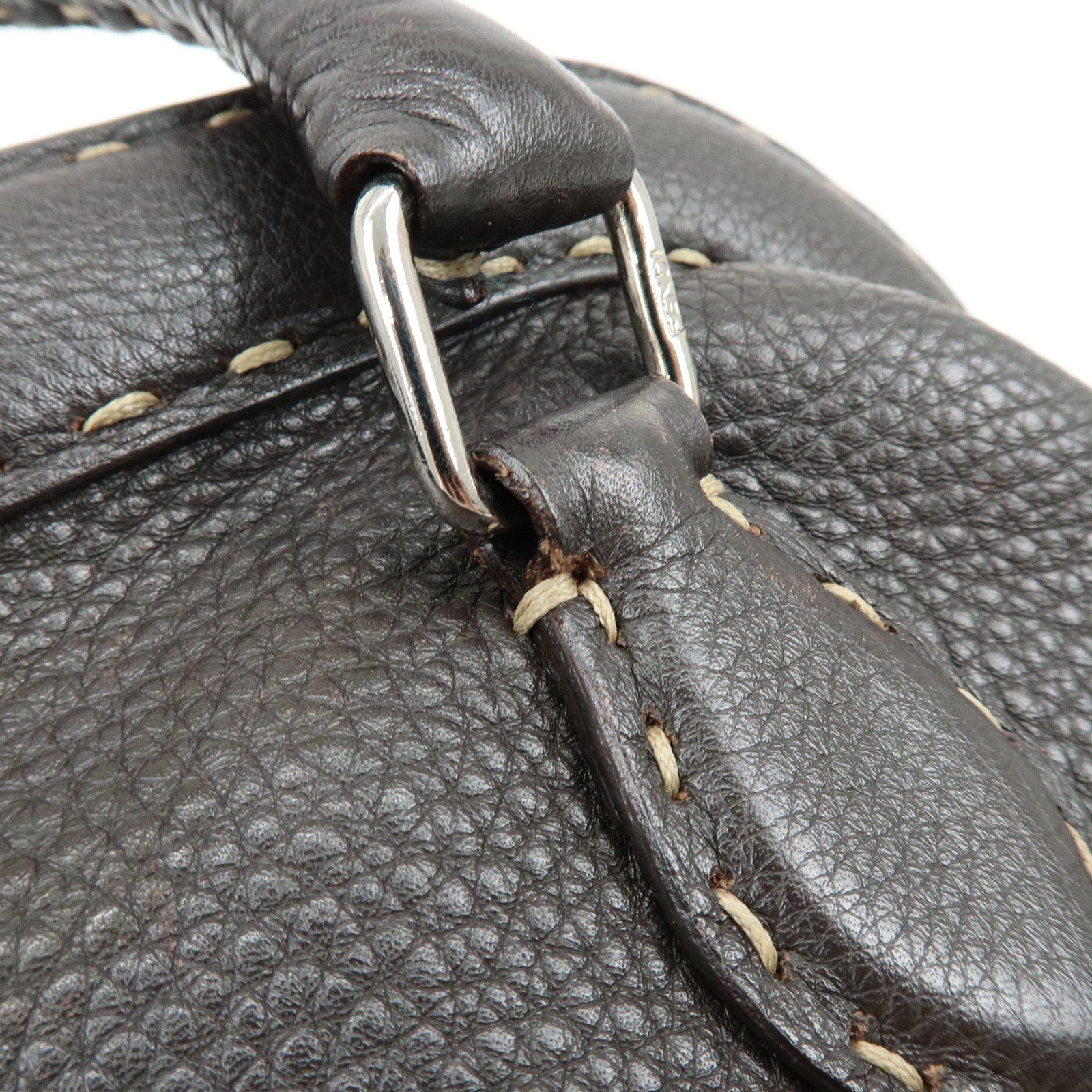 FENDI Selleria Stitches Leather Boston Bag Hand Bag Dark Brown 8BN127