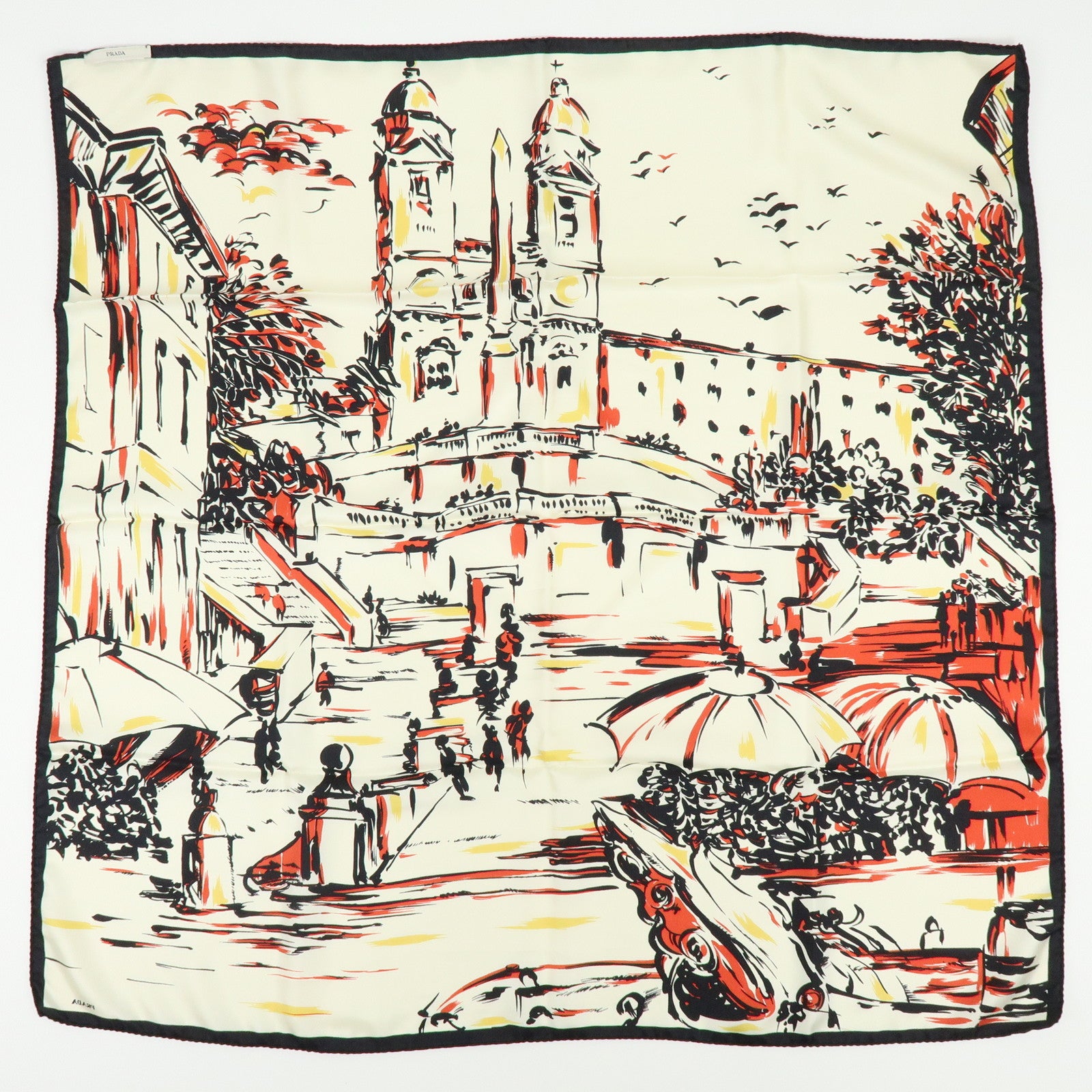 PRADA Silk Townscape Print Scarf Shawl White Black Red Yellow