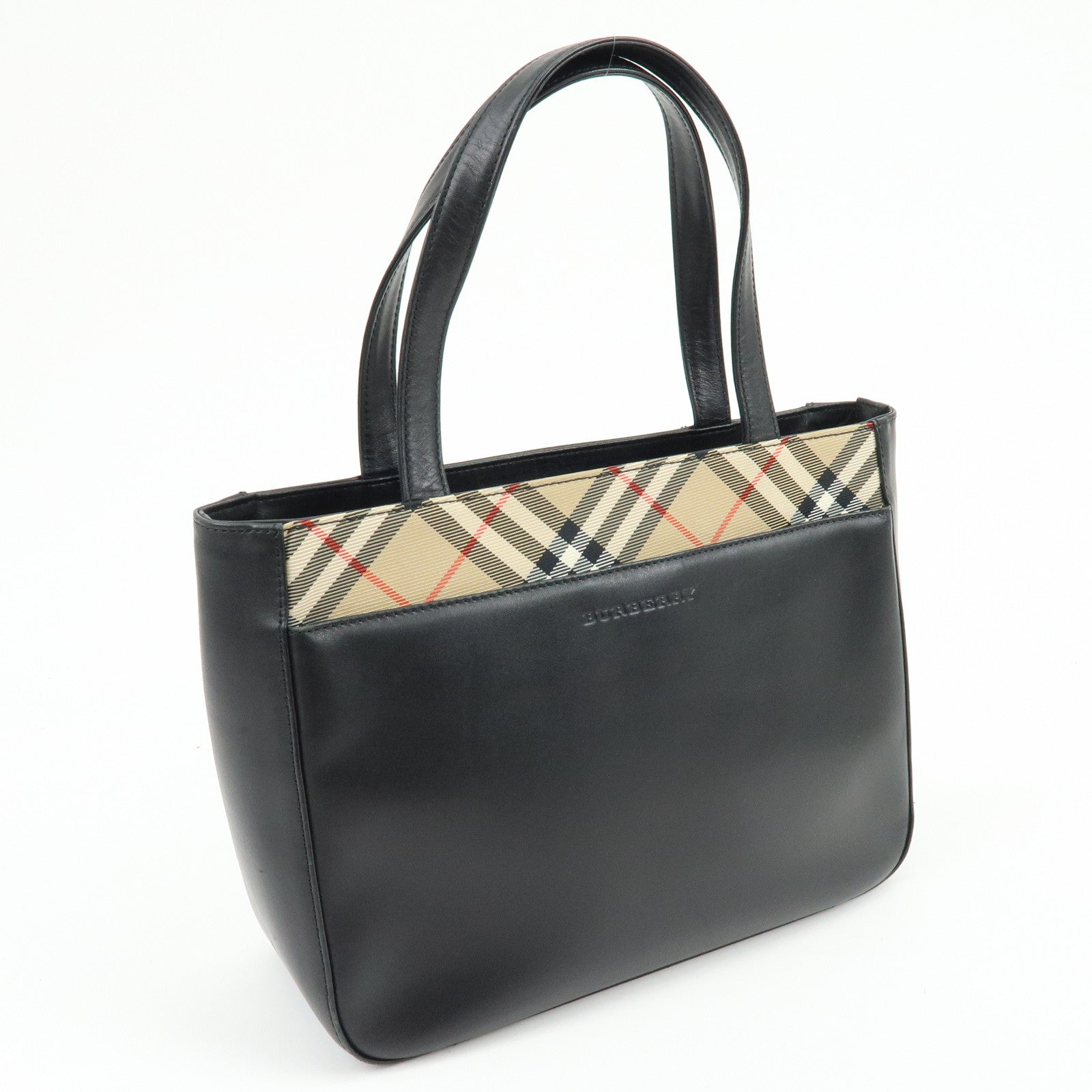 BURBERRY Logo Leather Tote Bag Hand Bag Nova Plaid Black