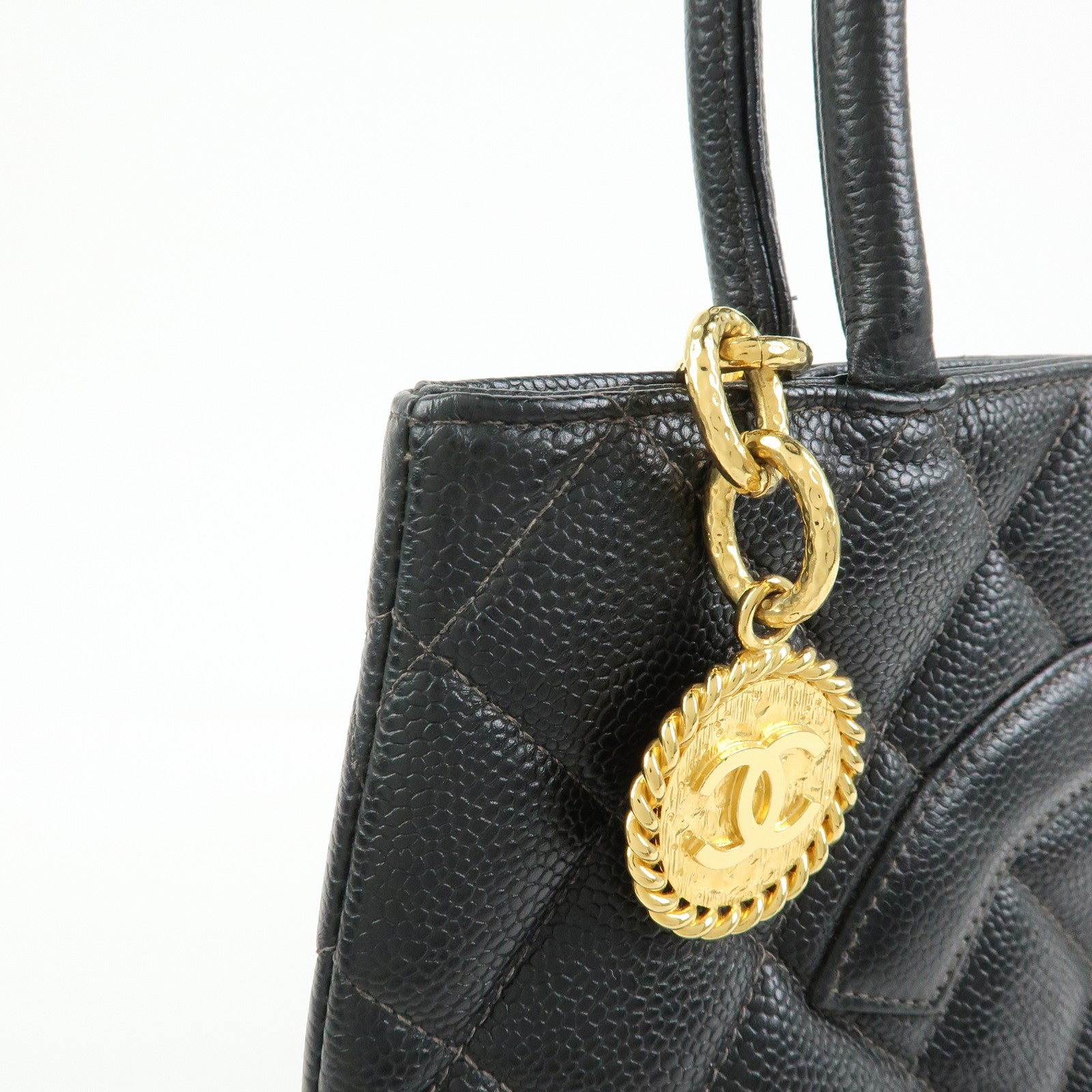 CHANEL Matelasse COCO Mark CaviarSkin Medallion Tote Bag Black A01804
