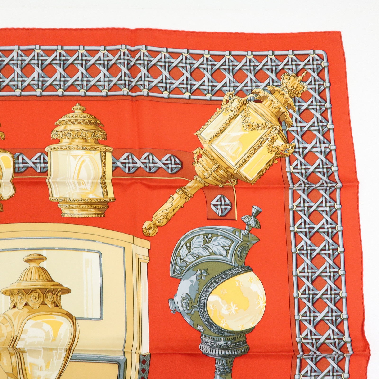 HERMES Carre 90 Silk 100% Scarf FEUX DE ROUTE Lantern Motif Red Gold