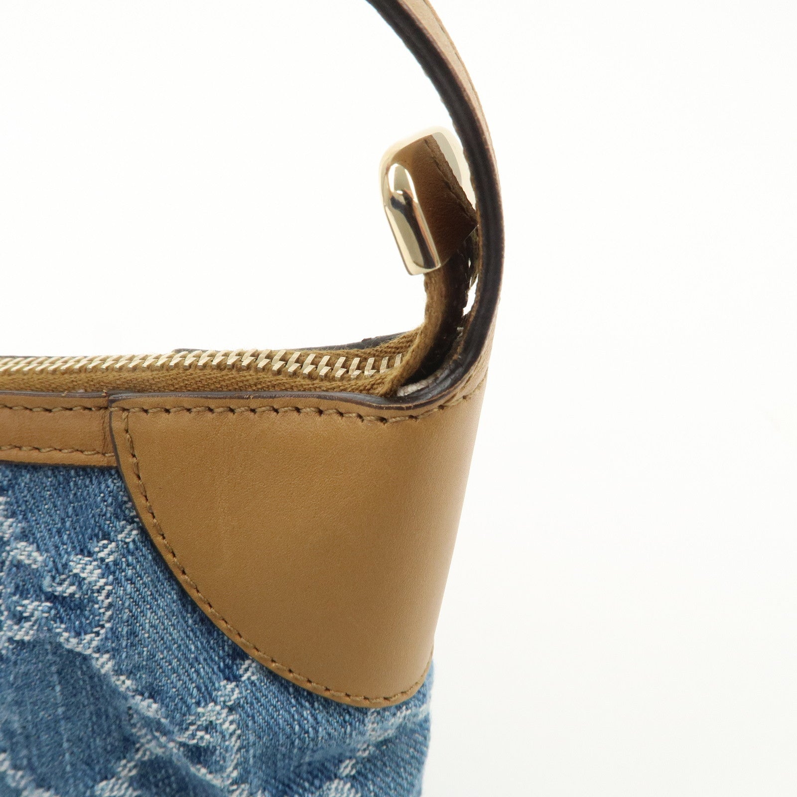 GUCCI GG Denim Leather Accessory Pouch Hand Bag Blue Brown 224093 Used