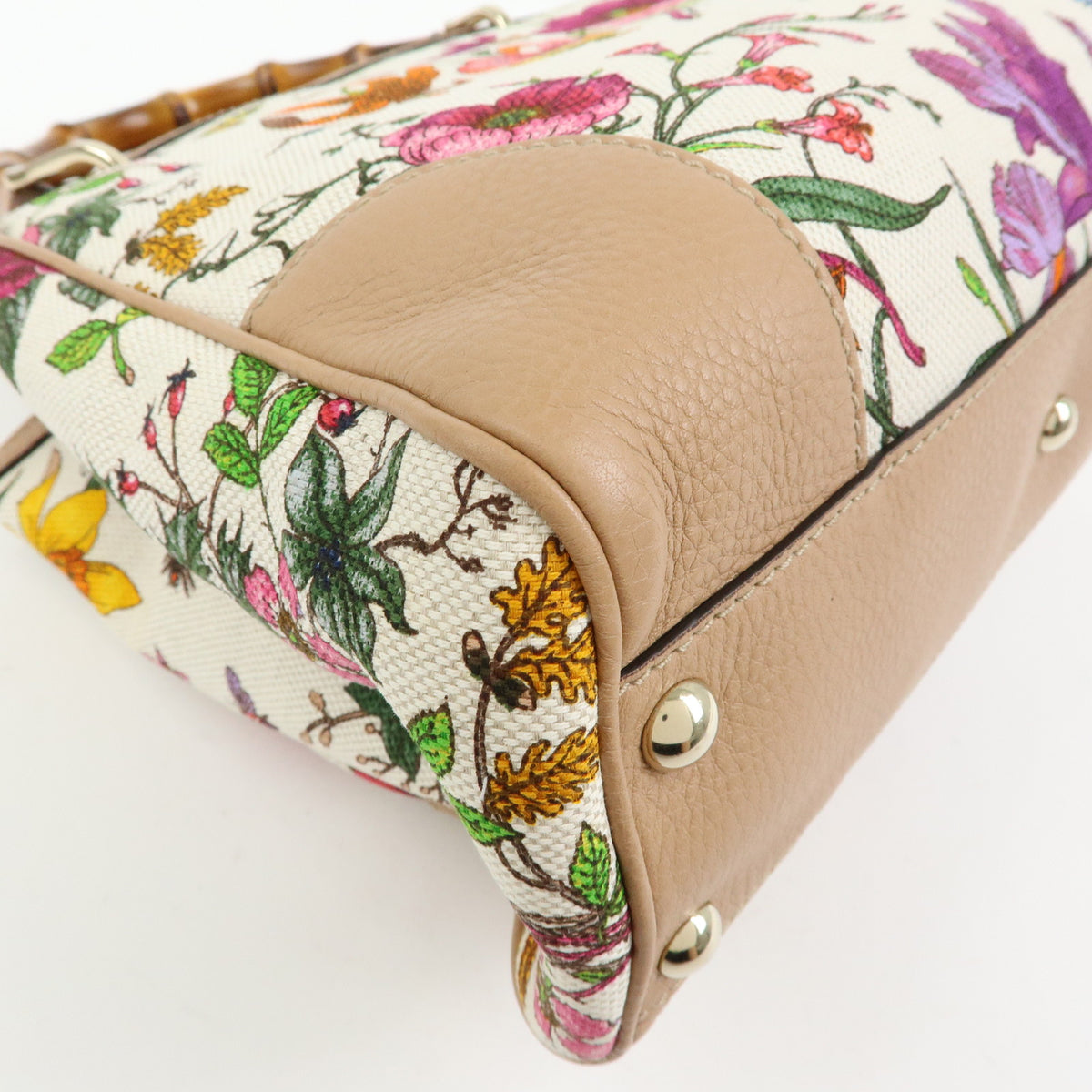 GUCCI Bamboo Flora Canvas Leather 2Way Bag Japan Limited Ivory 336032