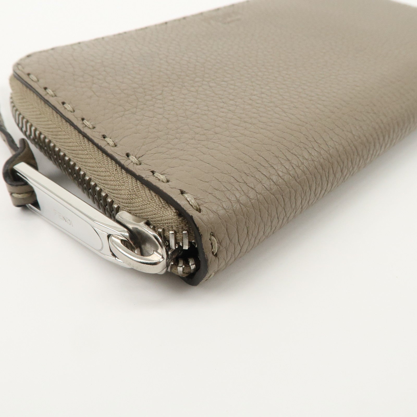FENDI Selleria Leather Zip Around Long Wallet Greige 8M0374 Used