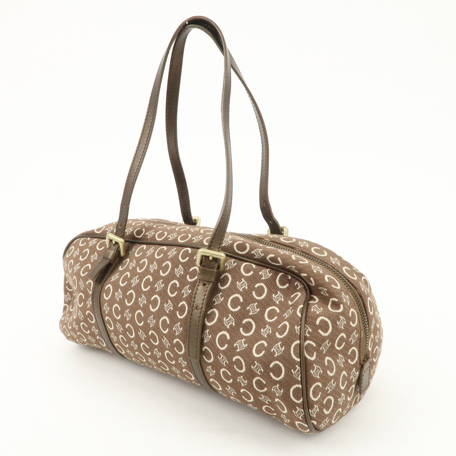CELINE C Macadam Canvas Leather Boston Bag Hand Bag Brown White Used