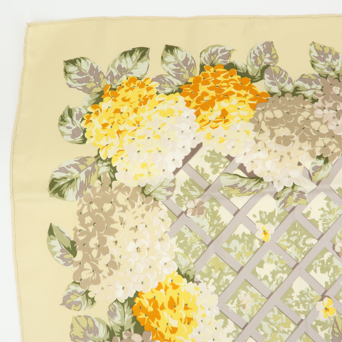 Christian Dior Silk 100% Scarf Hydrangea Print Beige Yellow Green