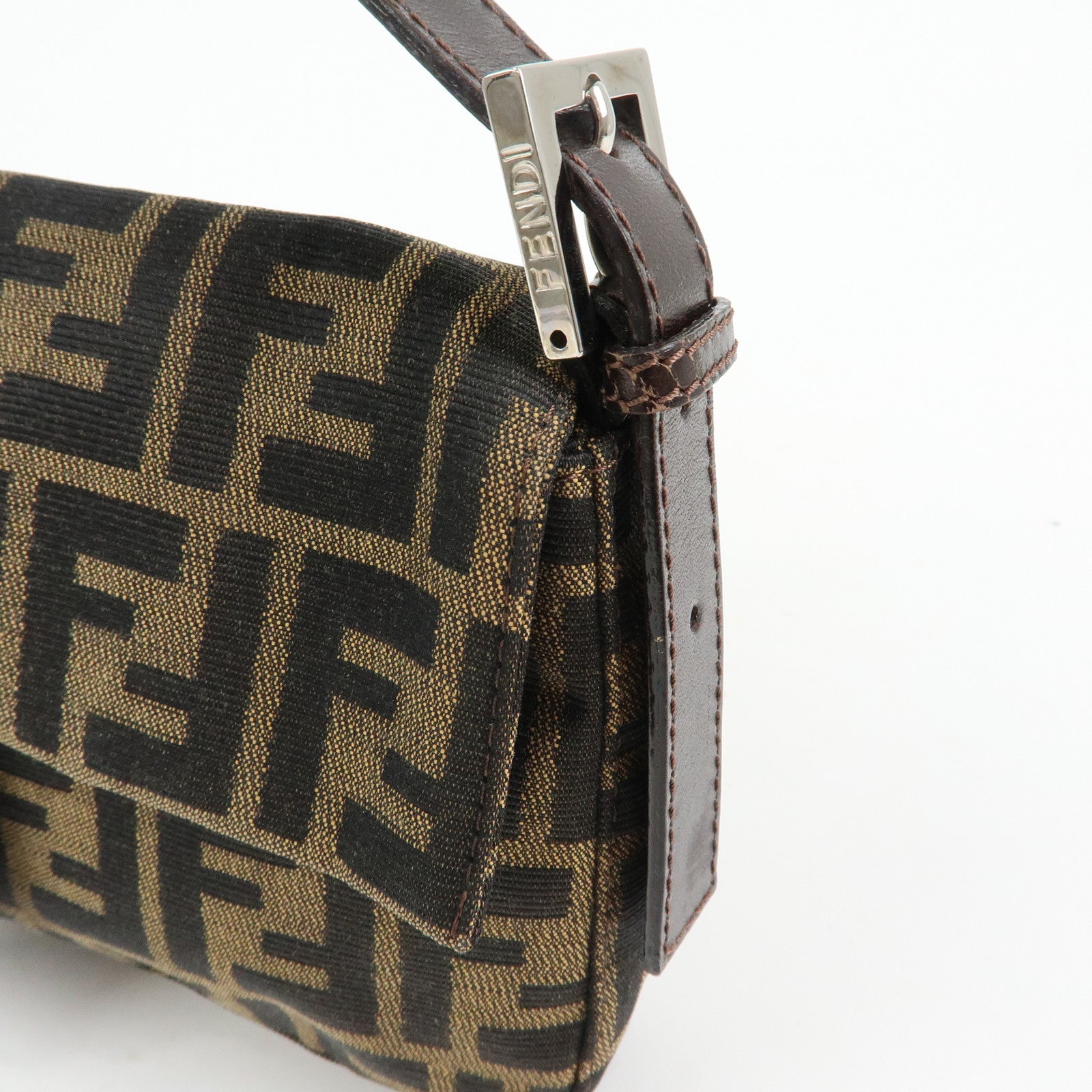 FENDI Mamma Baguette Zucca Canvas Leather Shoulder Bag Brown 26424