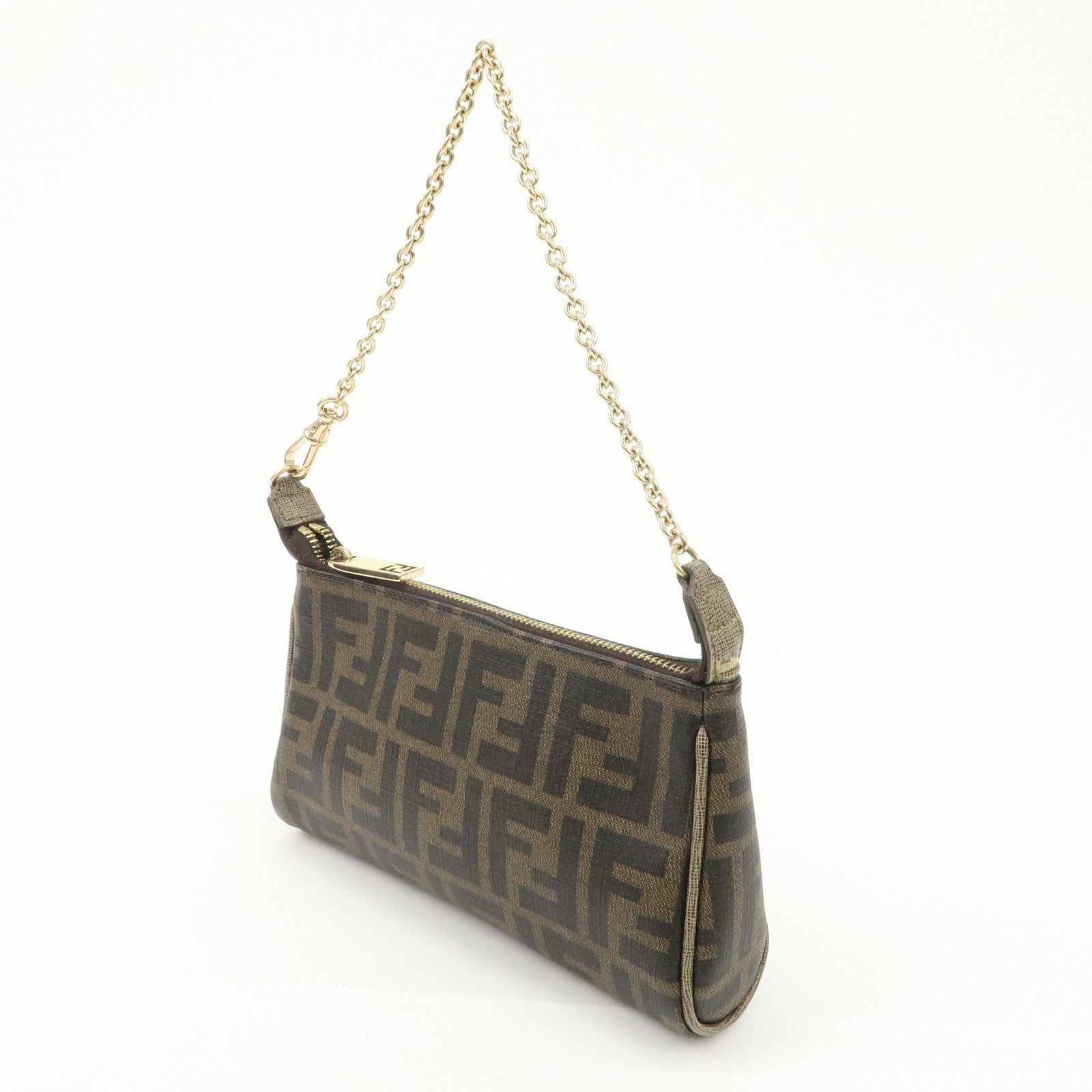 FENDI Zucca PVC Leather Chain Accessory Pouch Hand Bag Brown 8M0264 Used