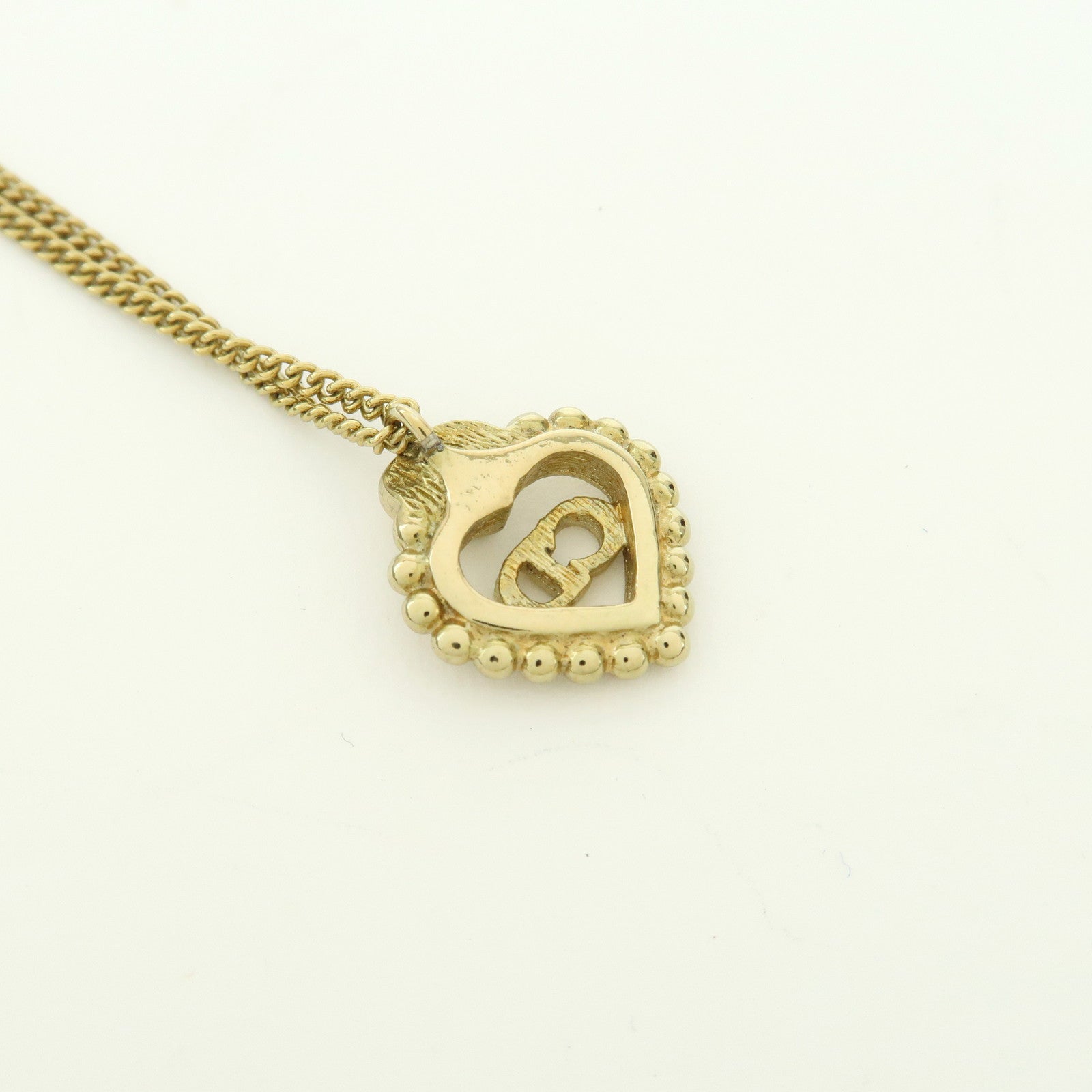 Christian Dior Logo Pendant Metal Necklace Heart Motif Gold