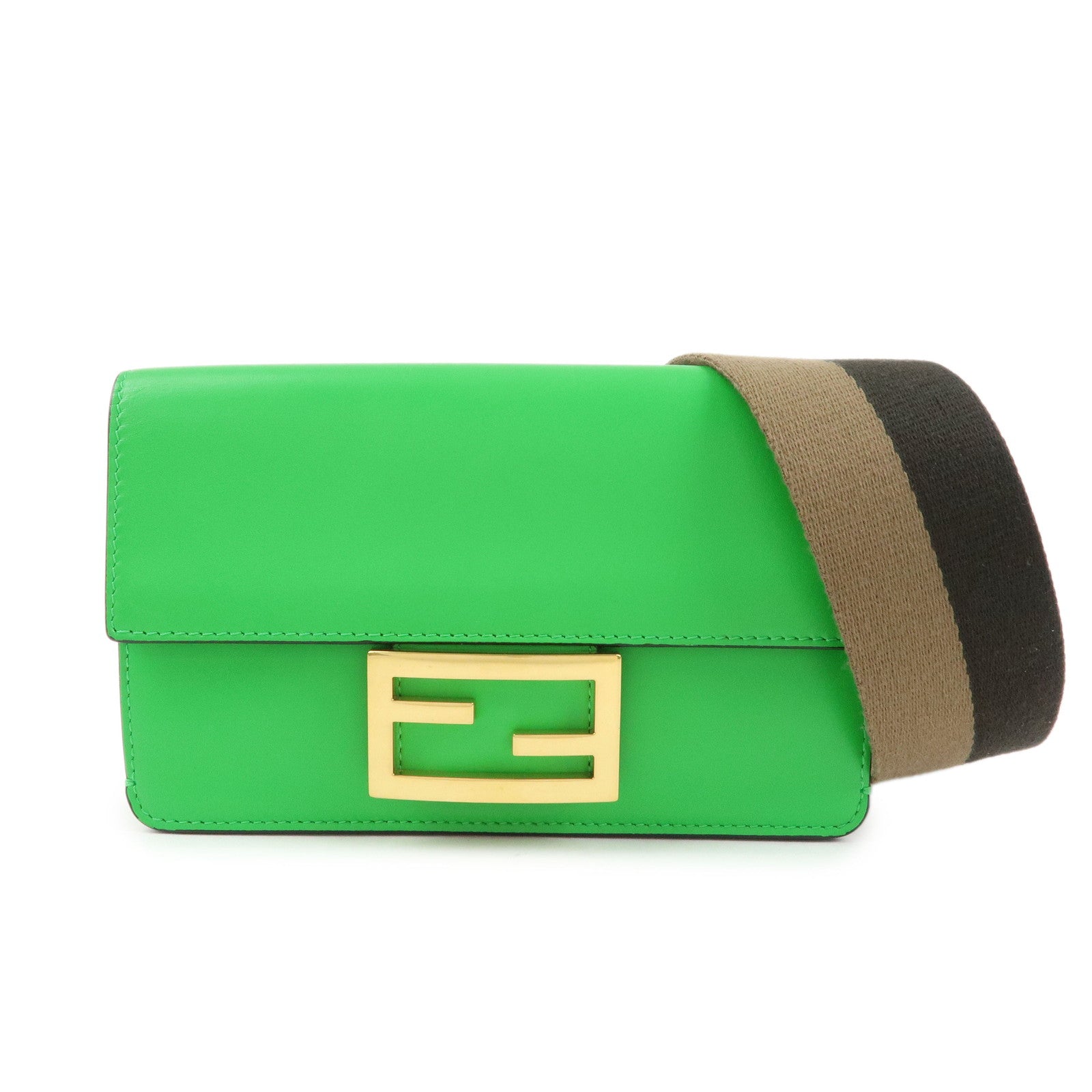 Fendi Flat Baguette Leather Shoulder Bag Green Brown 8BS039