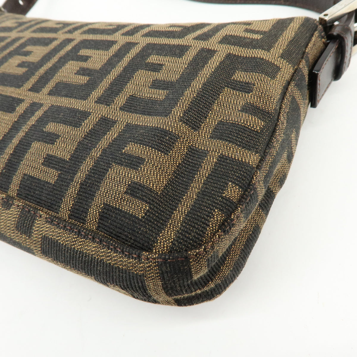 FENDI Mamma Baguette Jacquard Canvas Leather Shoulder Bag Brown 26424