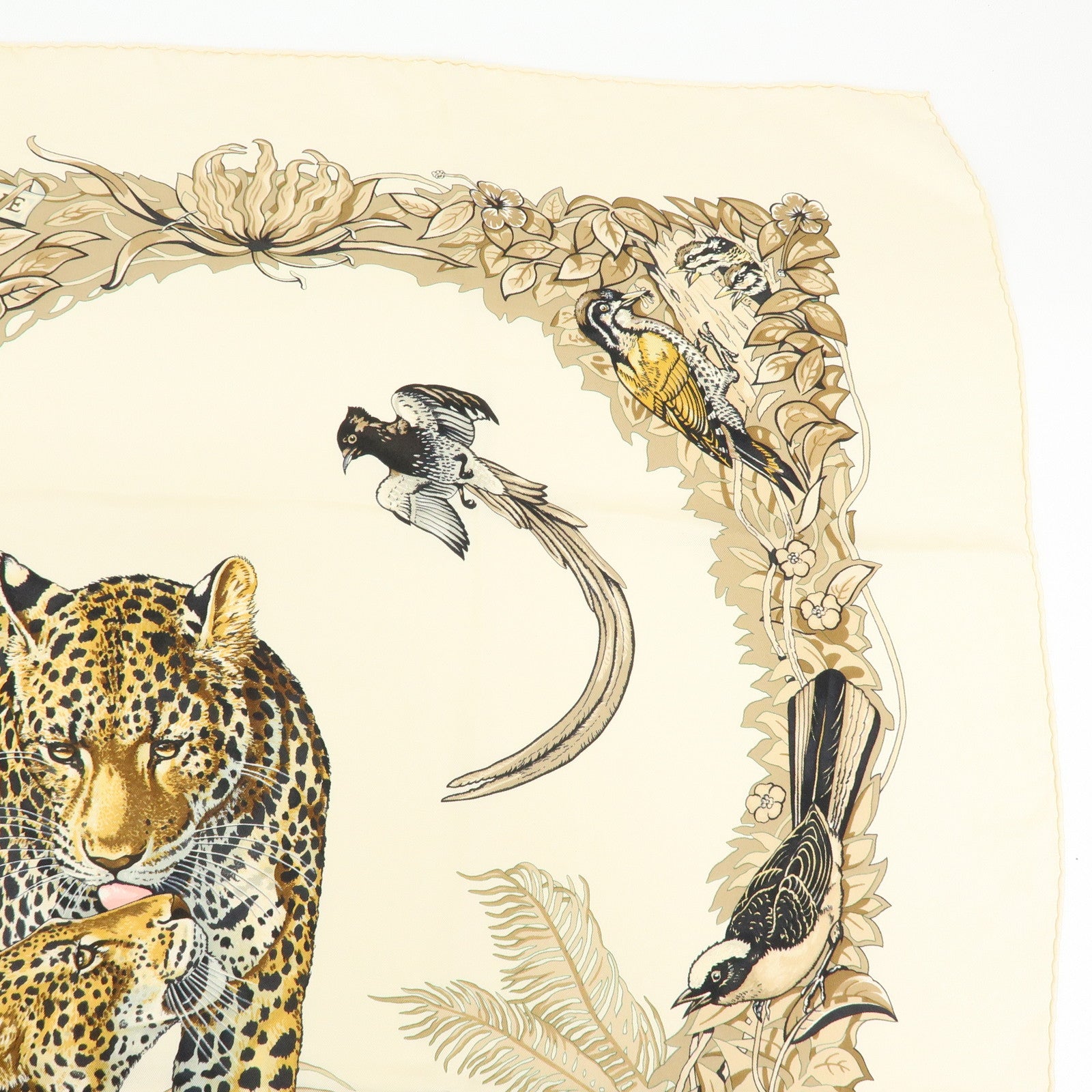 HERMES Carre 90 Silk 100% Scarf JUNGLE LOVE Light Brown Beige