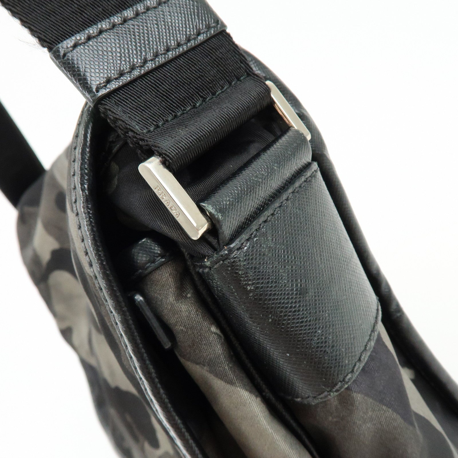 PRADA Triangle Logo Nylon Saffiano Leather Shoulder Bag Khaki VA0768