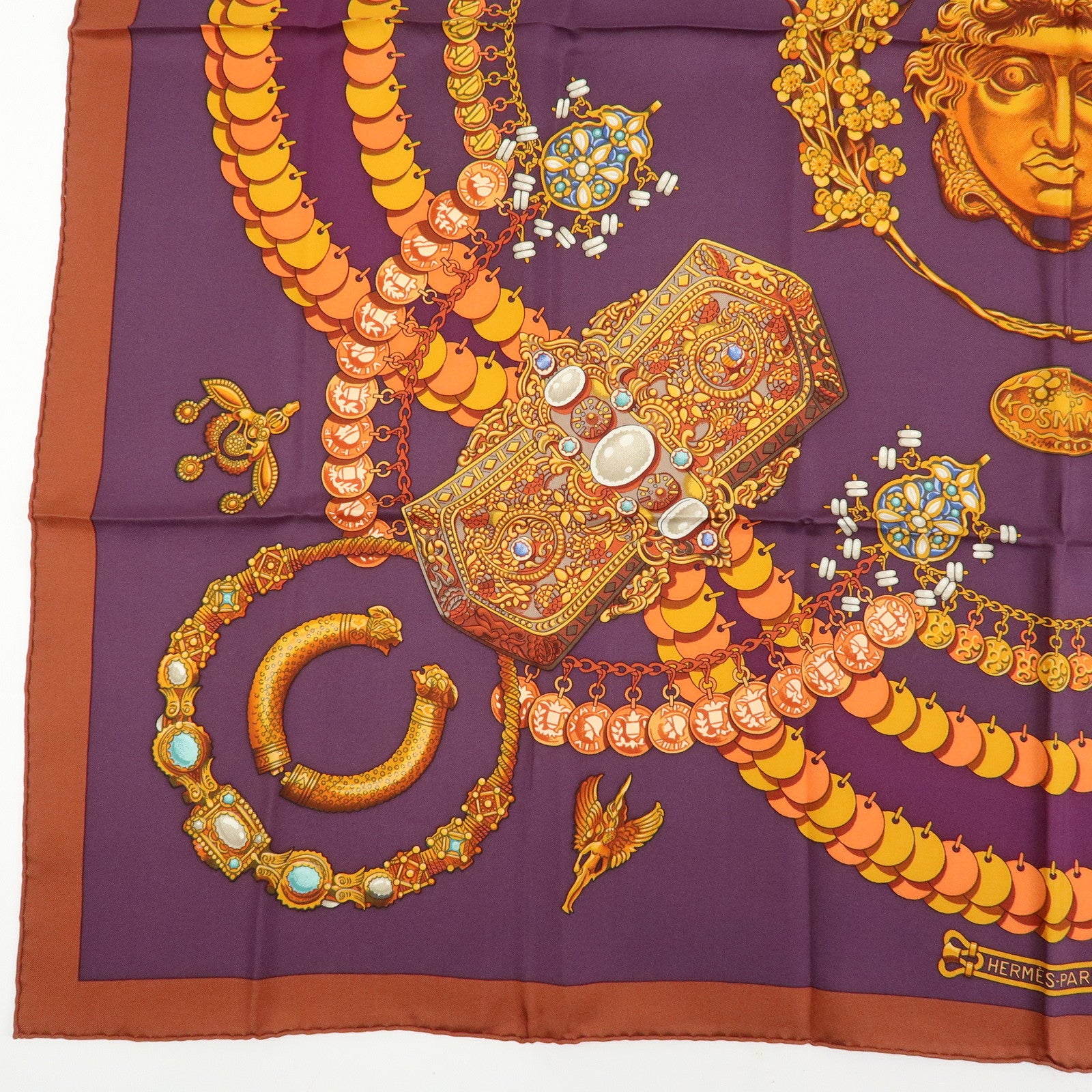 HERMES Carre 90 Silk 100% Scarf KOSMIMA Jewelry Brown Mustard Purple